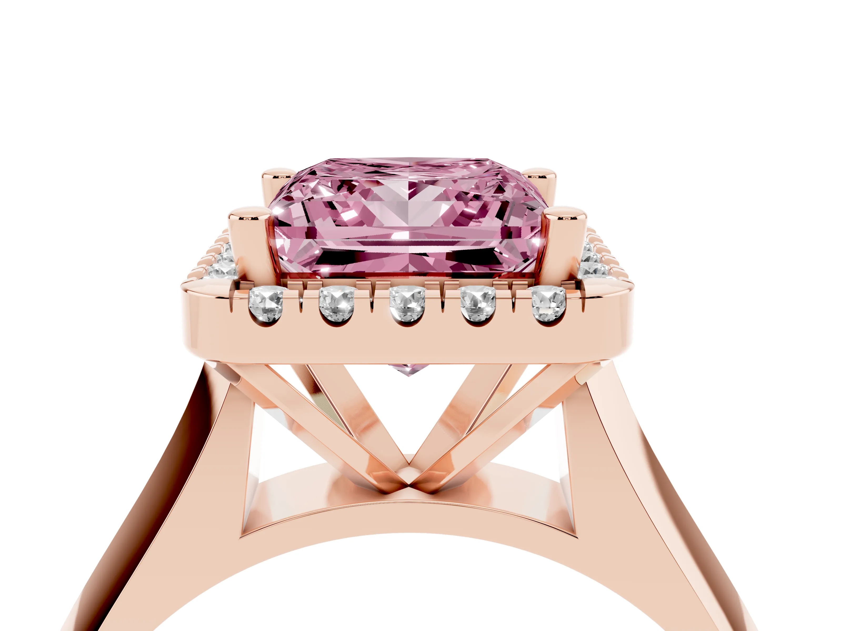 Fancy Pink Princess Cut Diamond Halo Solitaire Engagement Ring Set in Rose gold with Square Band and Prong Setting