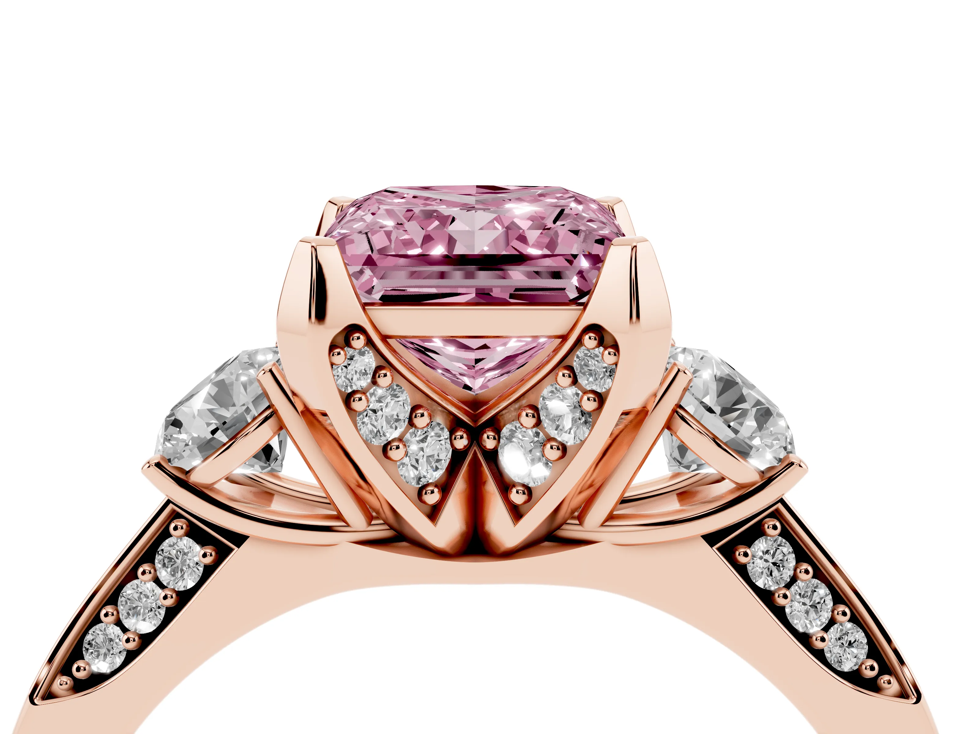 Fancy Pink Princess Cut Diamond Three-Stone Ring Set in Rose gold with Pavé Band and Smaller Side Stones