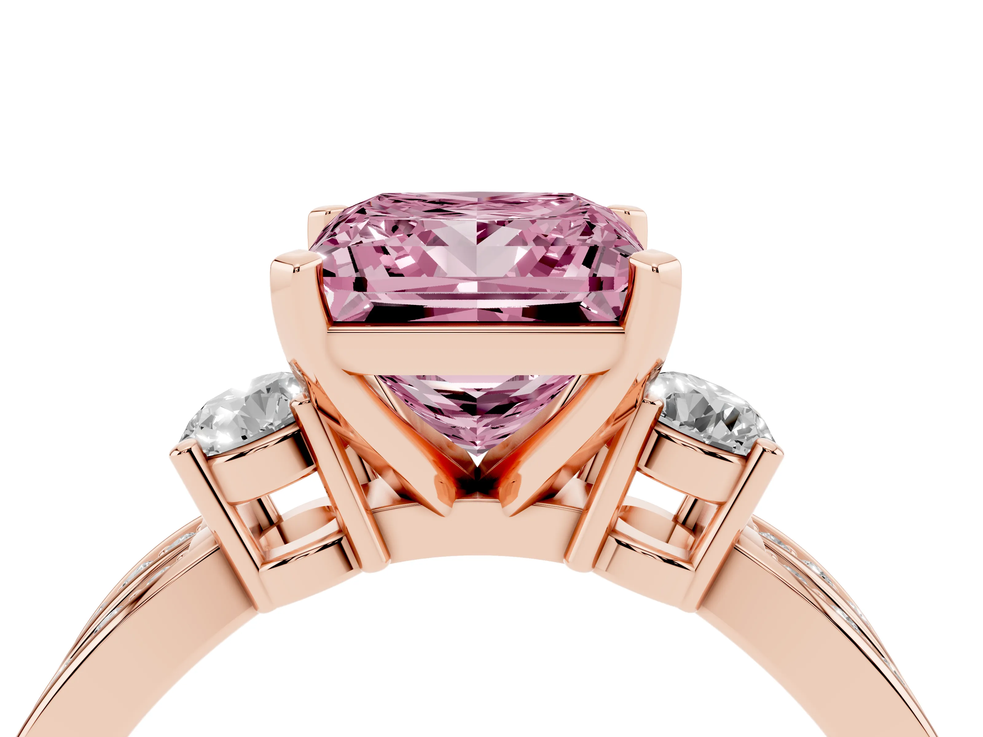 Fancy Pink Three-Stone Princess Cut Diamond Twist Band Ring Set in Rose gold with Pavé Accents and Prong Setting