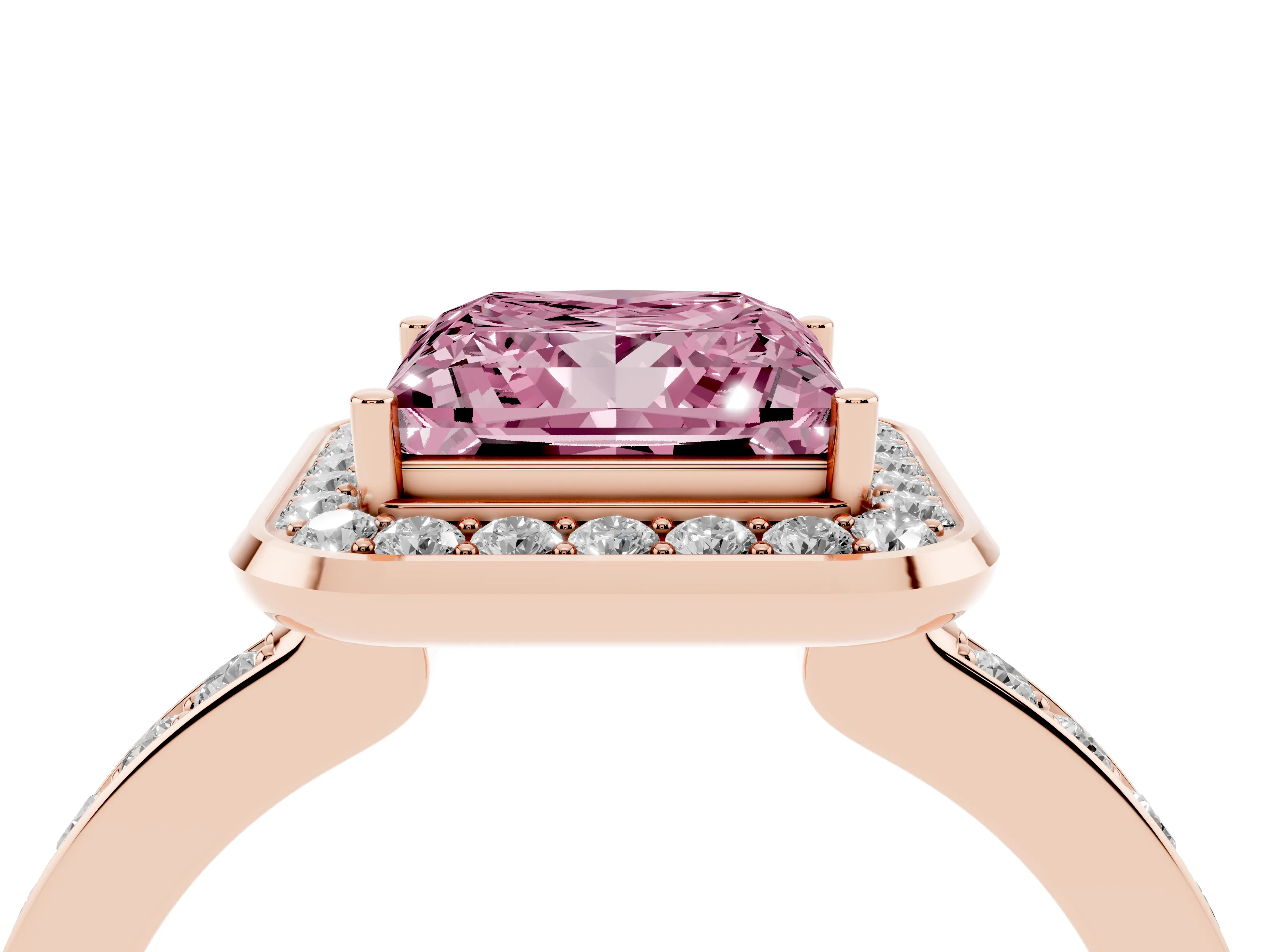 Fancy Pink Princess Cut Diamond Halo Ring Set in Rose gold with Bezel Frame and Pavé Band