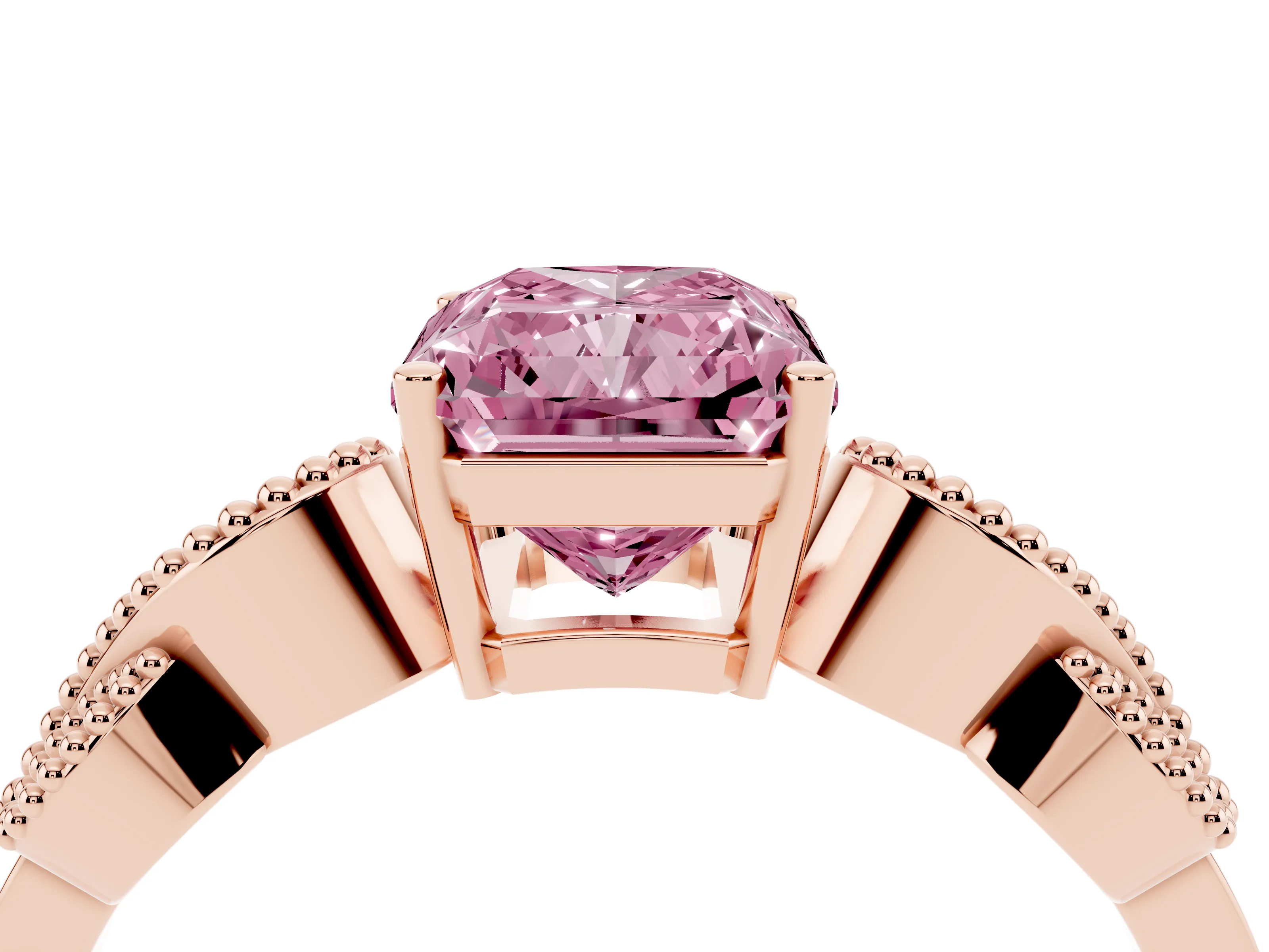Fancy Pink Princess Cut Diamond Milgrain Leaf Band Solitaire Ring Set in Rose gold with Accent Stones and Prong Setting