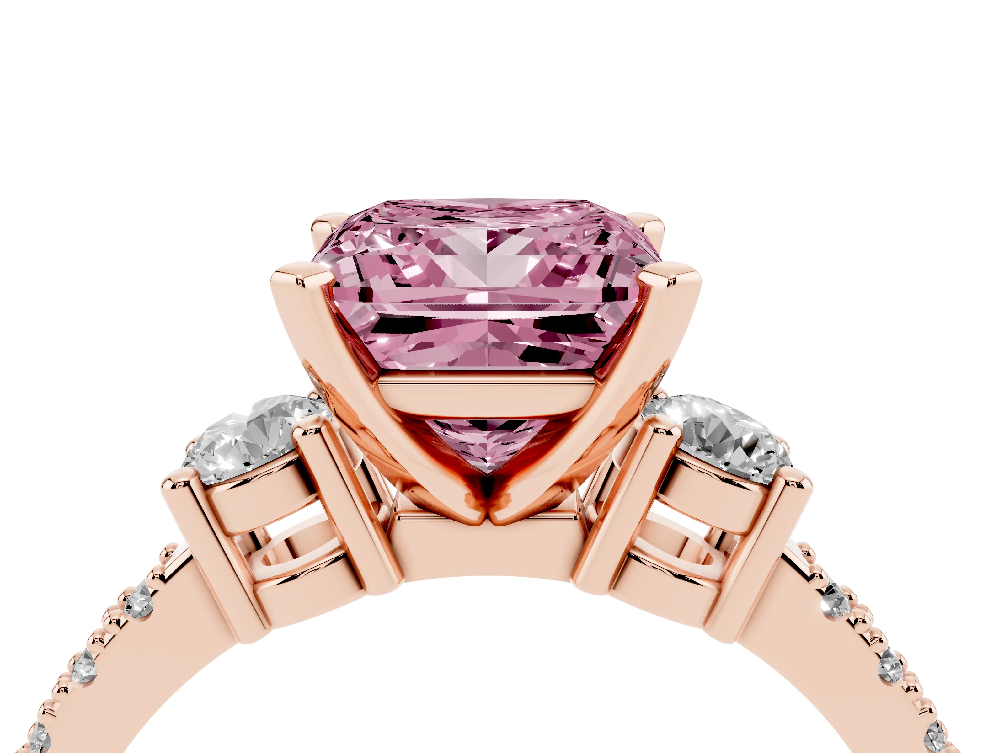 Fancy Pink Three-Stone Princess Cut Diamond Pavé Band Ring Set in Rose gold with Prong Setting