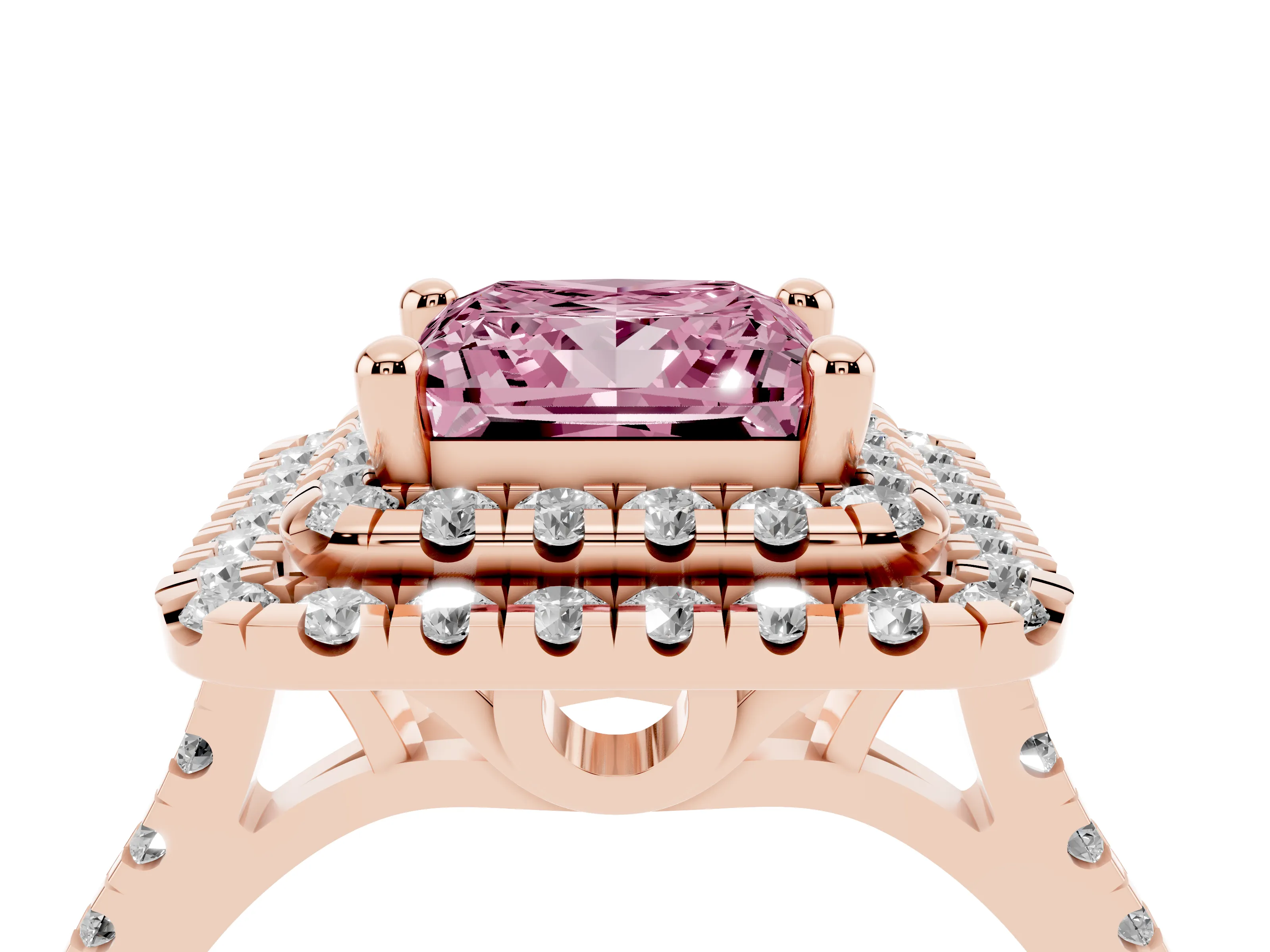 Fancy Pink Princess Cut Diamond Double Halo Statement Ring Set in Rose gold with Pavé Band