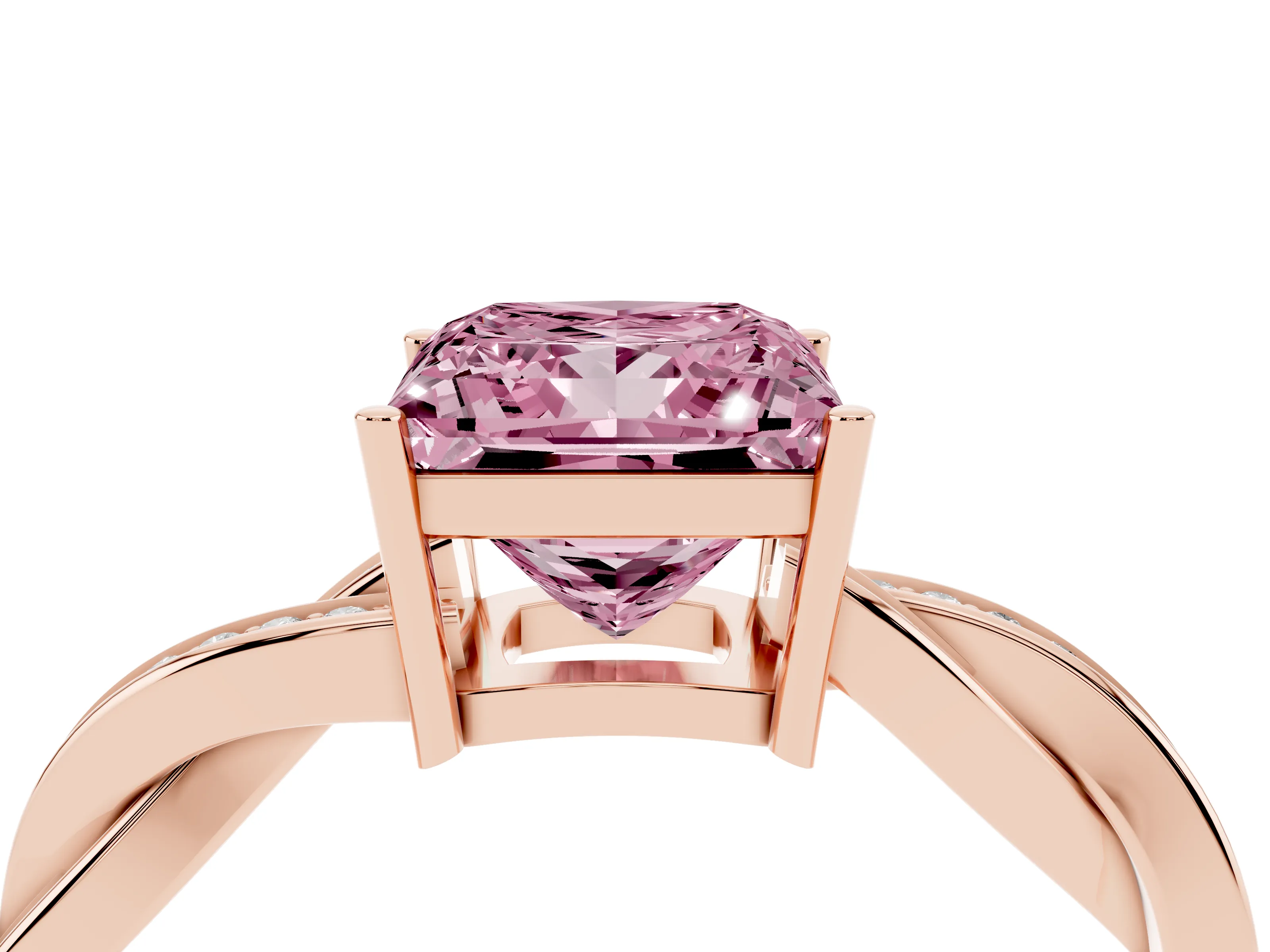 Fancy Pink Princess Cut Diamond Solitaire Twisted Pavé Ring Set in Rose gold with Prong Setting