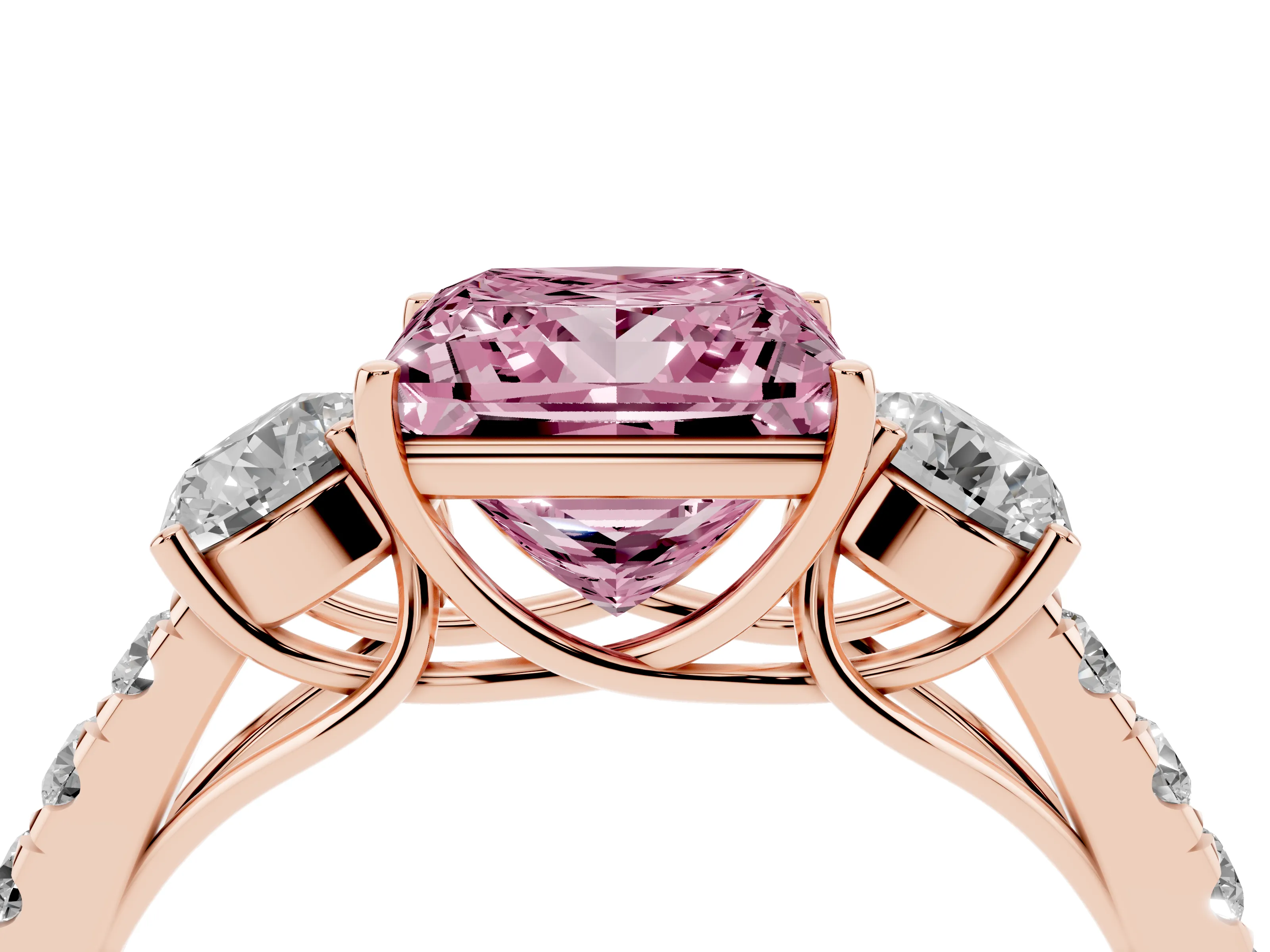 Fancy Pink Princess Cut Diamond Three-Stone Ring Set in Rose gold with Round Side Stones and Delicate Pavé Band