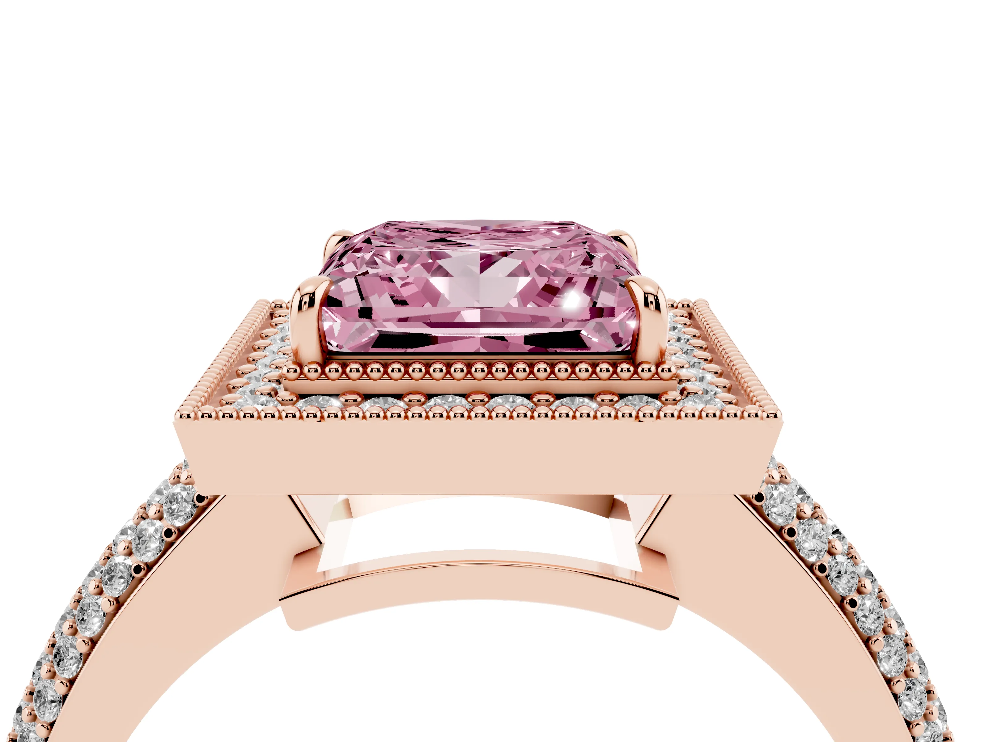 Fancy Pink Princess Cut Diamond Halo Pavé Band Set in Rose gold with Prong Setting