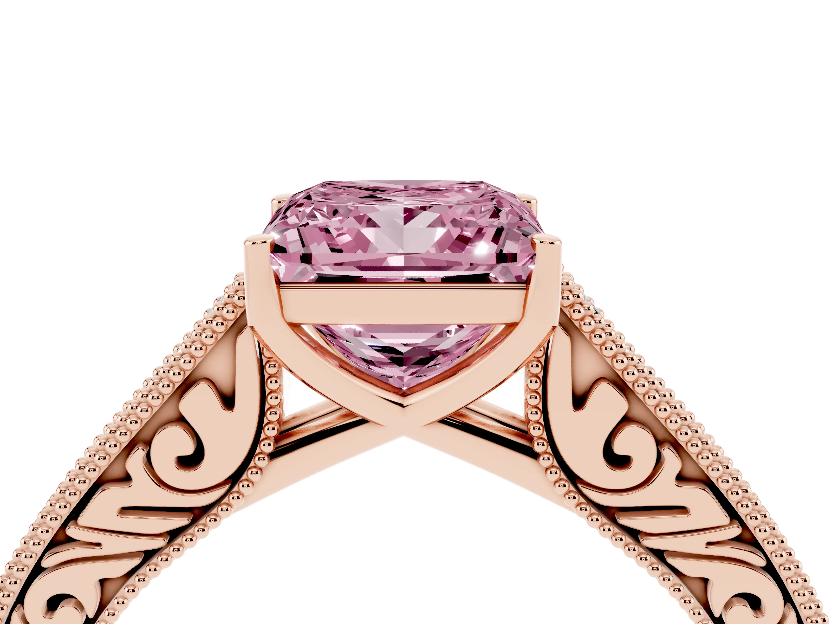 Fancy Pink Princess Cut Diamond Milgrain Pavé Band Solitaire Ring Set in Rose gold with Prong Setting