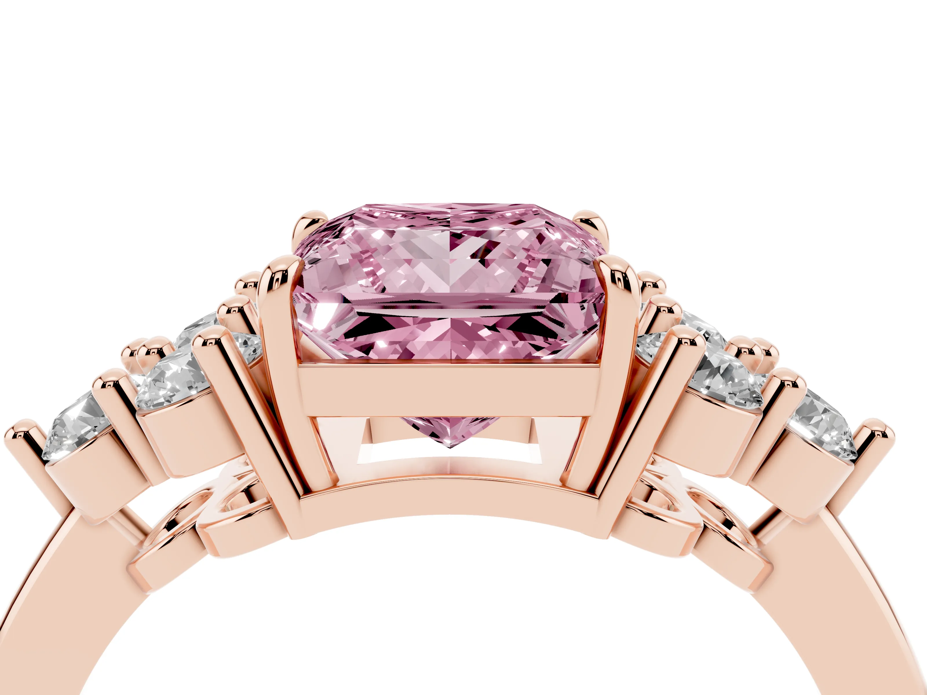 Fancy Pink Princess Cut Diamond Solitaire Ring Set in Rose gold with Cluster Accents on Each Side