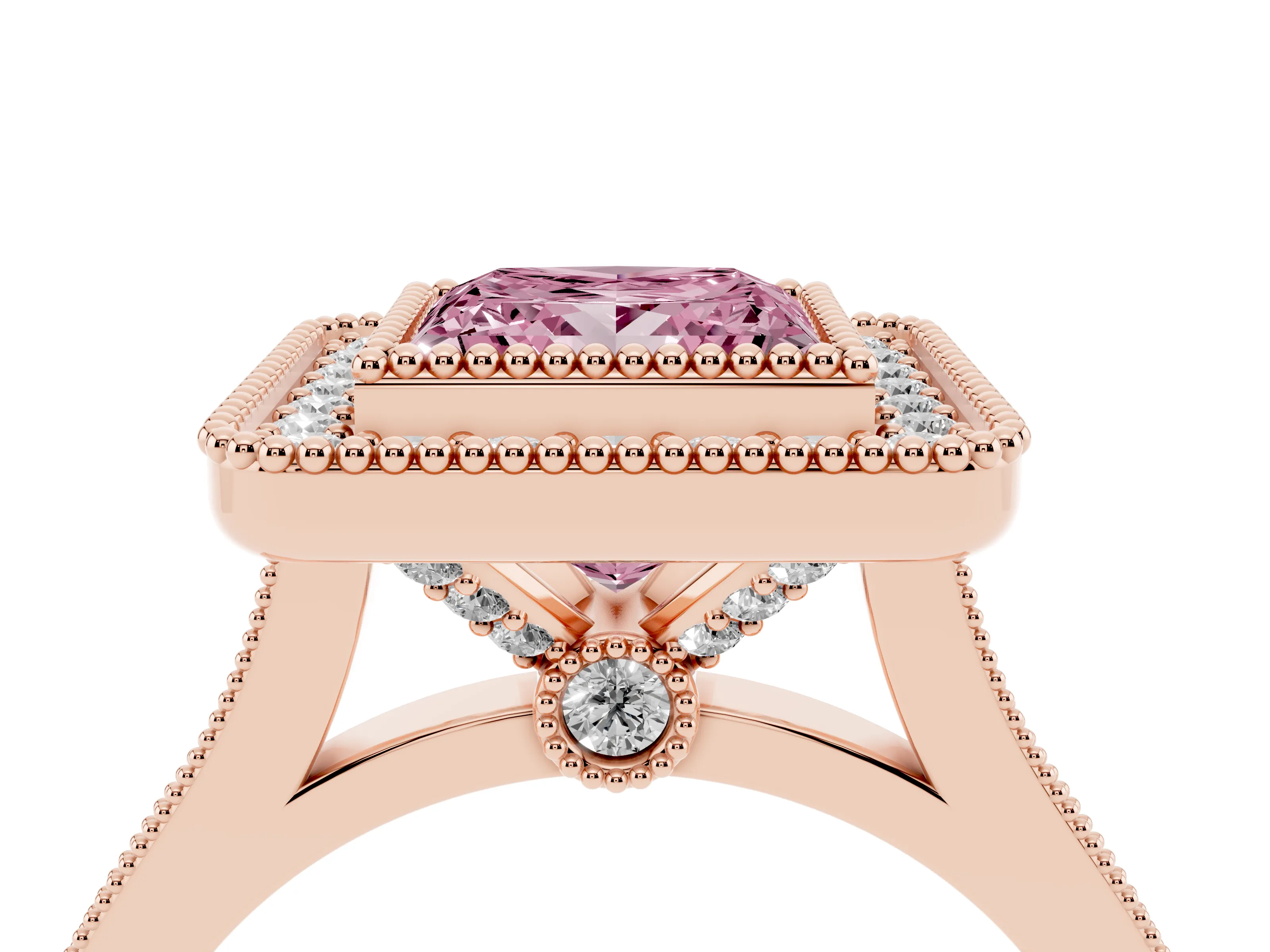 Fancy Pink Princess Cut Diamond Halo Ring Set in Rose gold with Milgrain Frame and Pavé Band