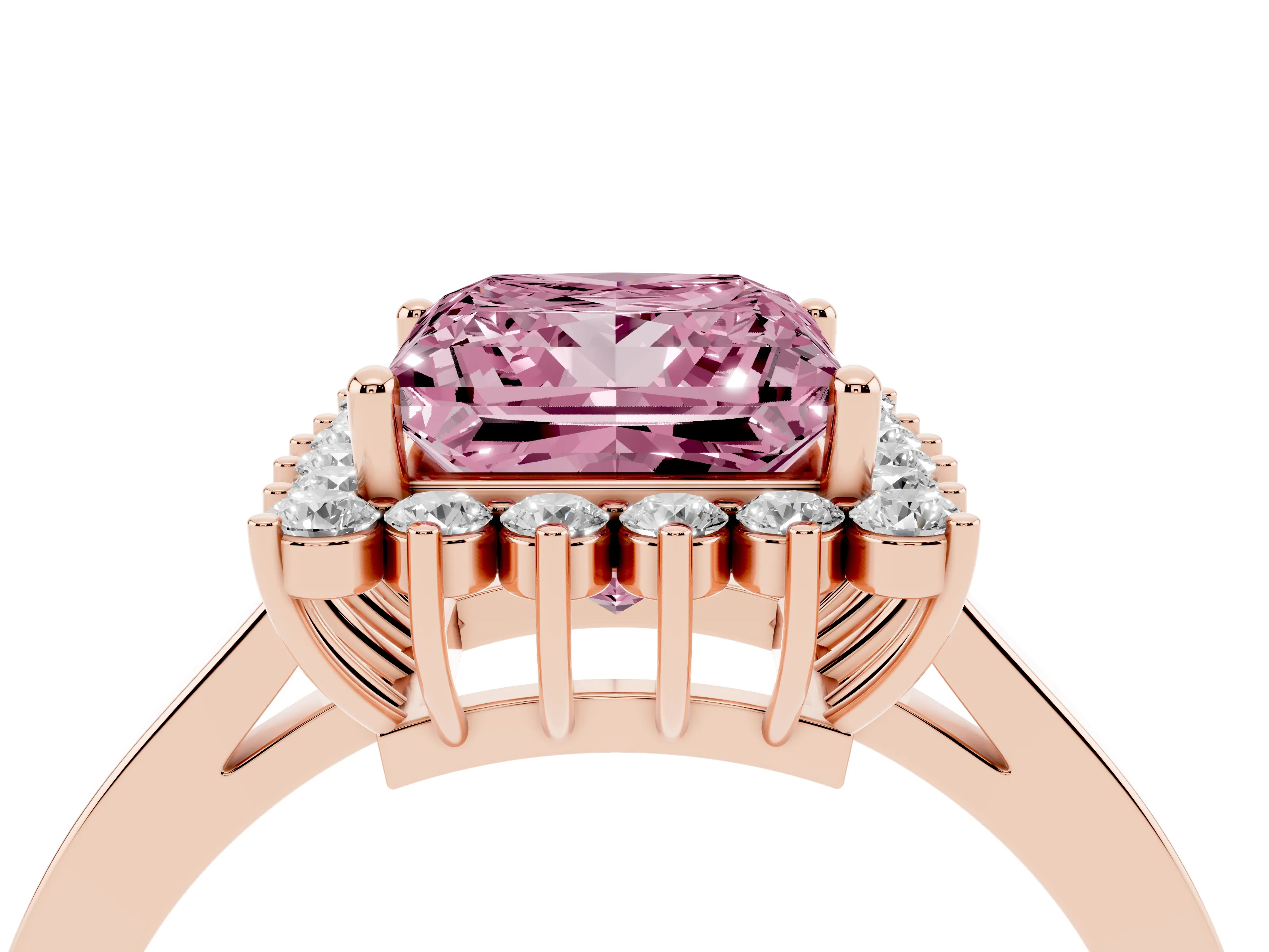 Fancy Pink Princess Cut Diamond Halo Ring Set in Rose gold with Round Halo and Smooth Solitaire Band