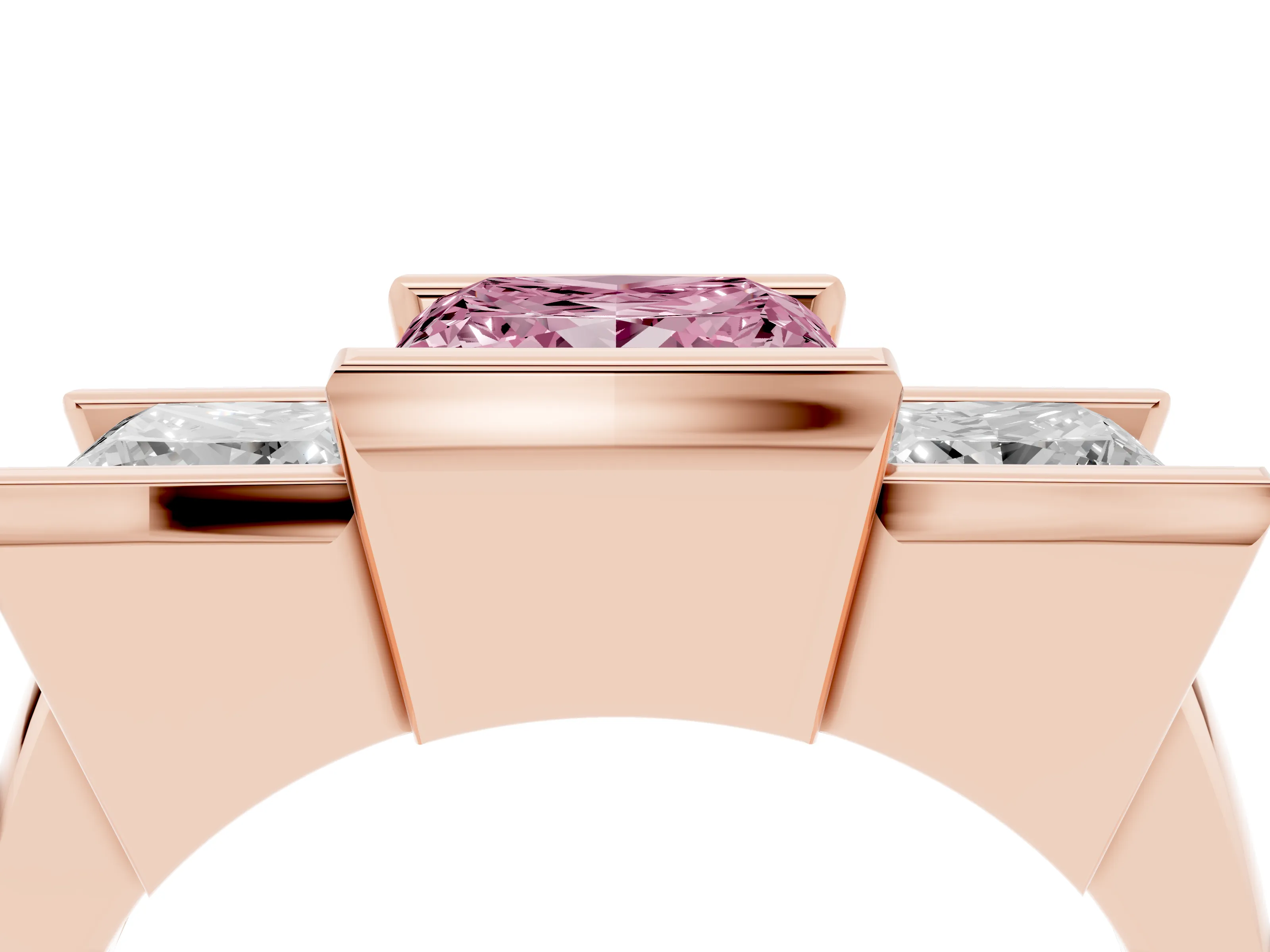 Fancy Pink Princess Cut Diamond Three-Stone Channel Set Ring Set in Rose gold with Smooth Polished Band