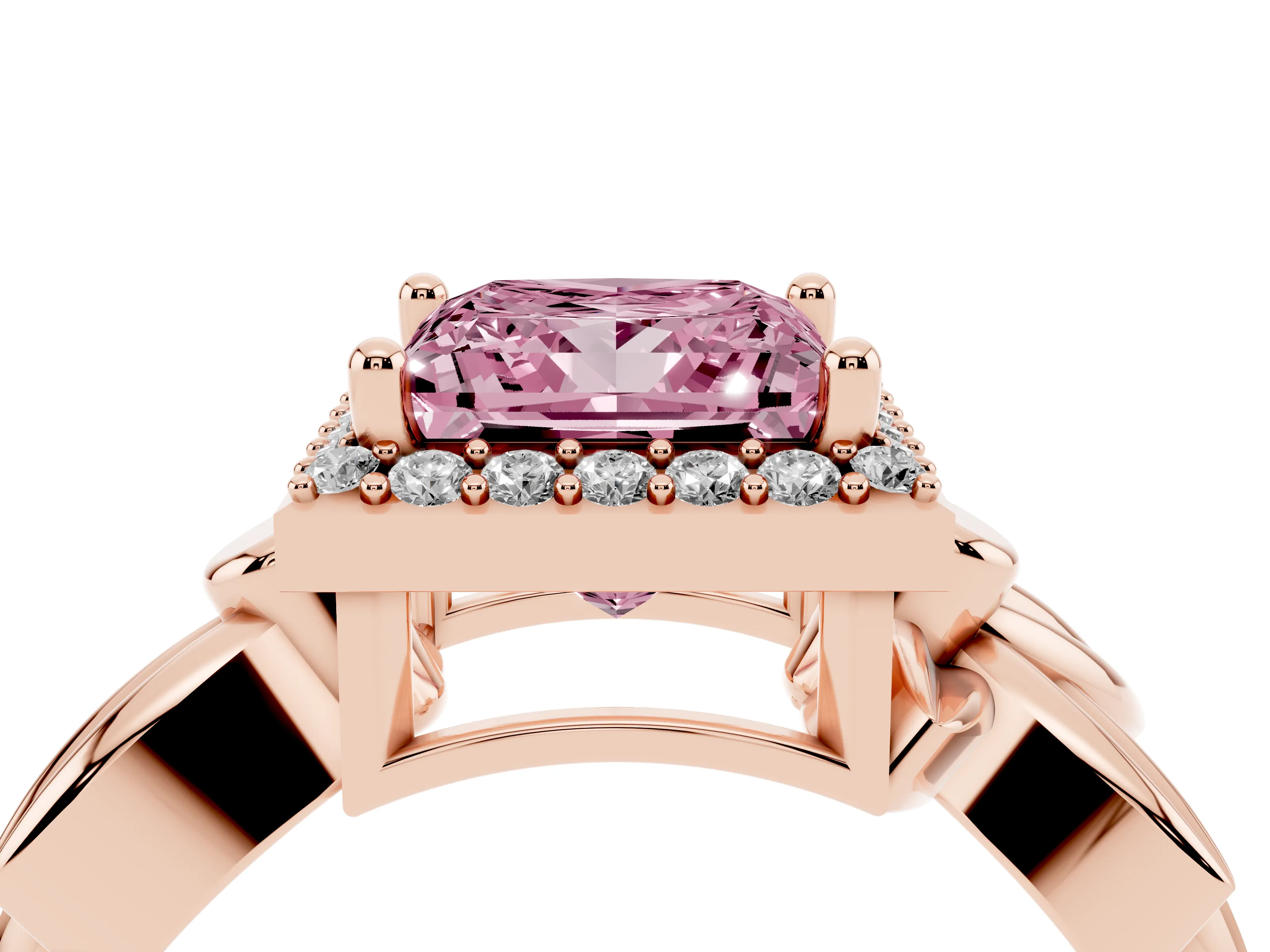 Fancy Pink Princess Cut Diamond Halo Floral Band Ring Set in Rose gold with Prong Setting