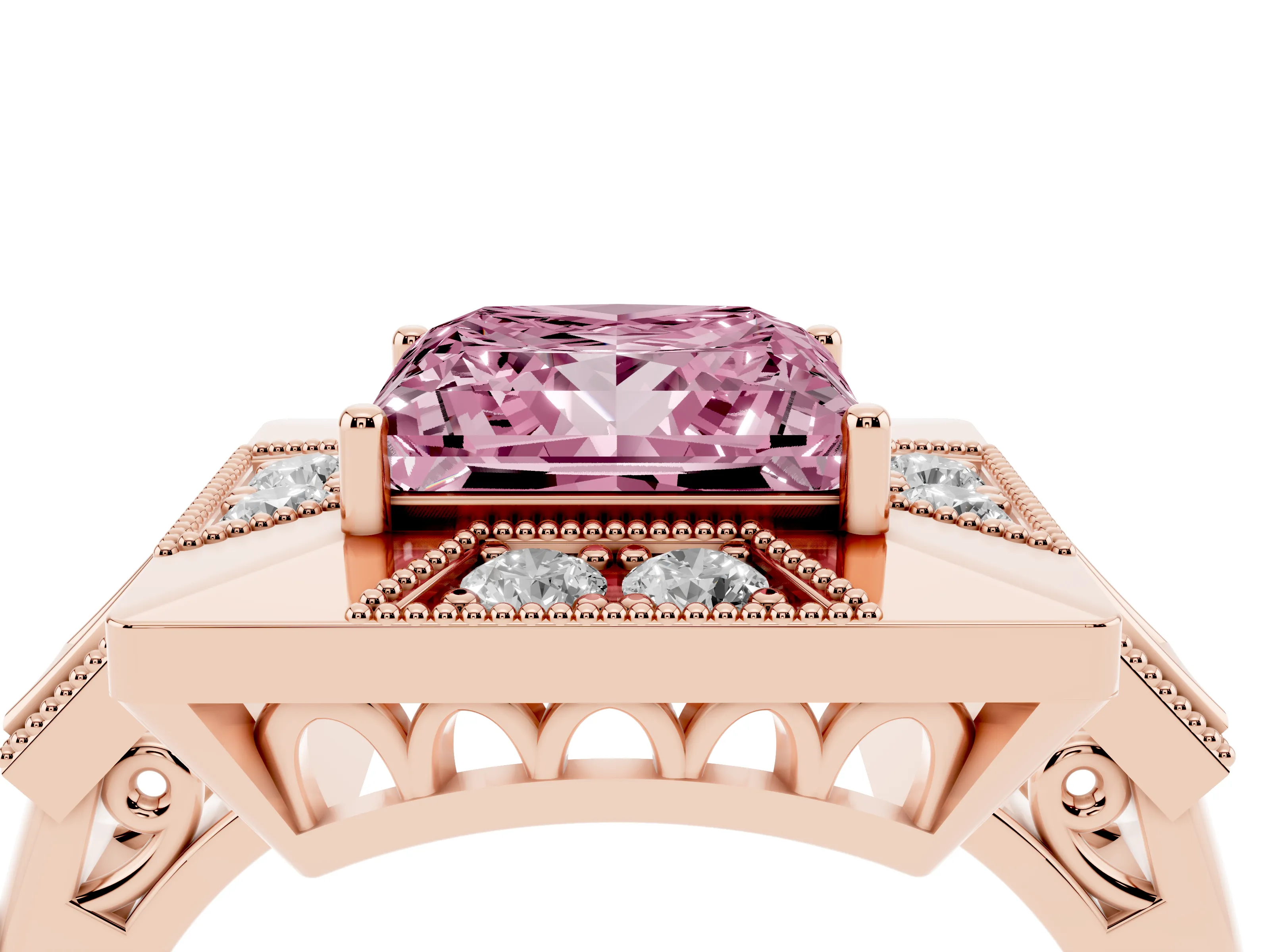 Fancy Pink Princess Cut Diamond Milgrain Halo Ring Set in Rose gold with Split Shank