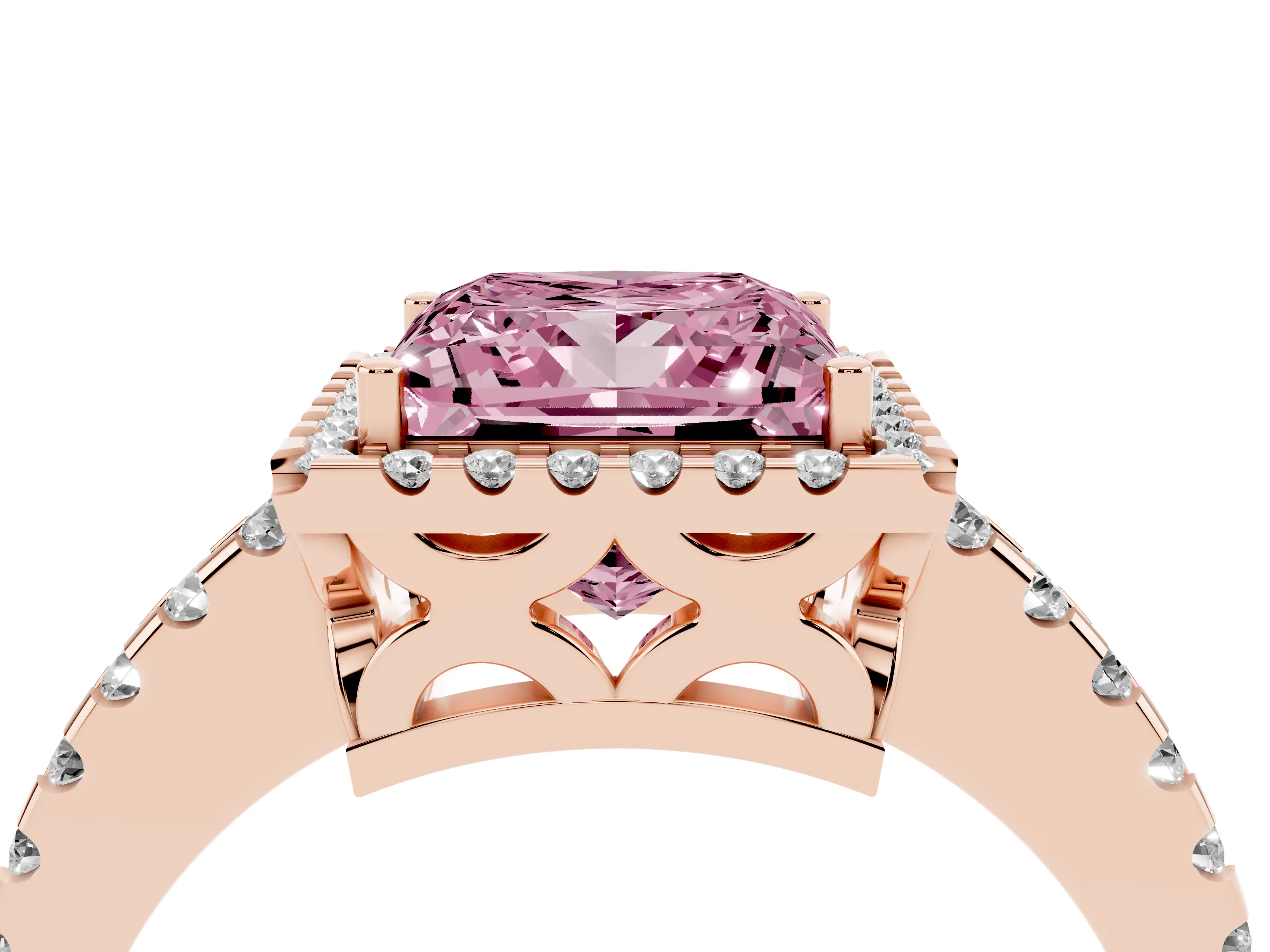 Fancy Pink Princess Cut Diamond Halo Ring Set in Rose gold with Pavé Shoulders and Halo-Framed Center