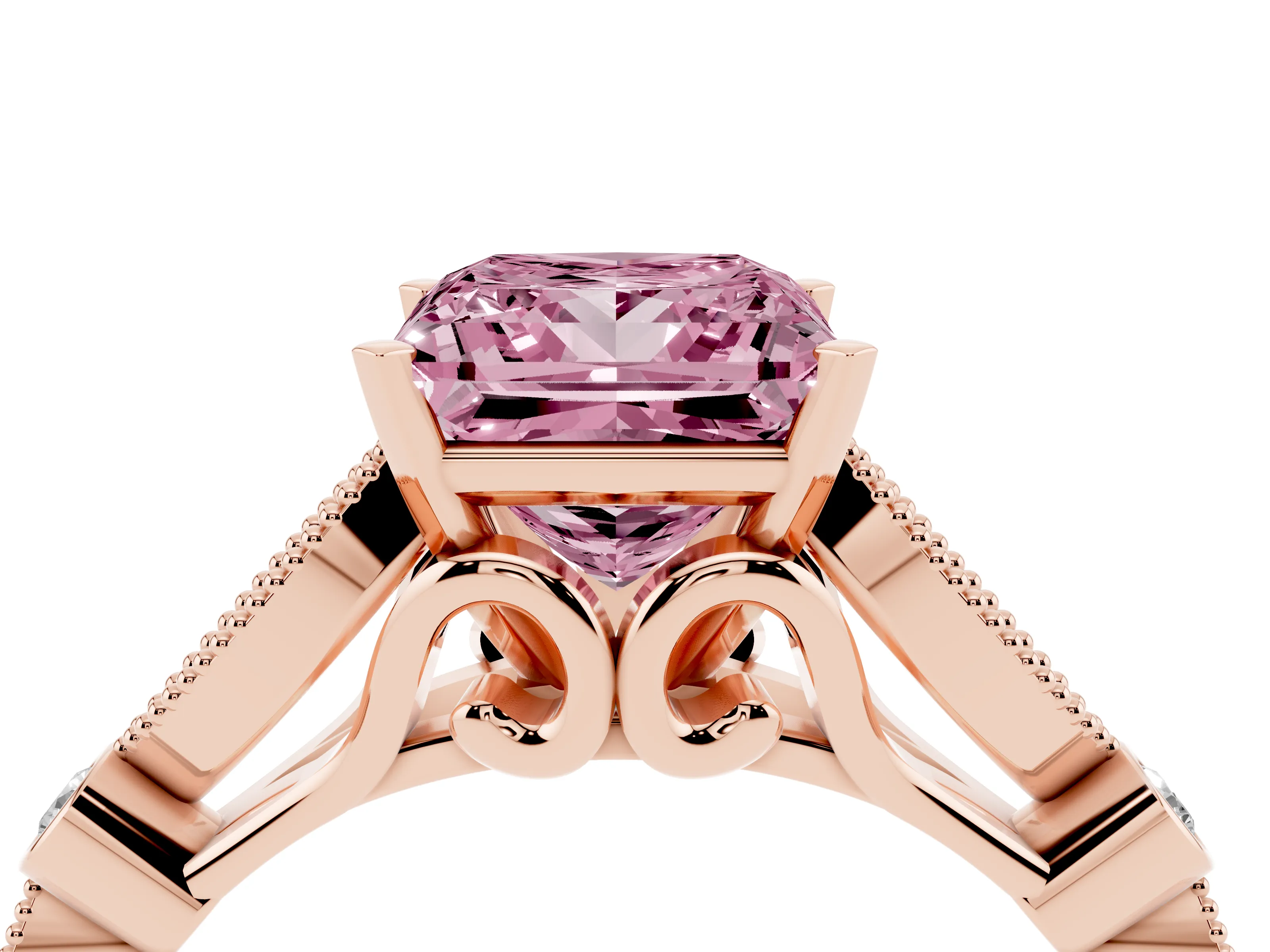 Fancy Pink Princess Cut Diamond Solitaire Ring Set in Rose gold with Milgrain Marquise and Bezel Accents