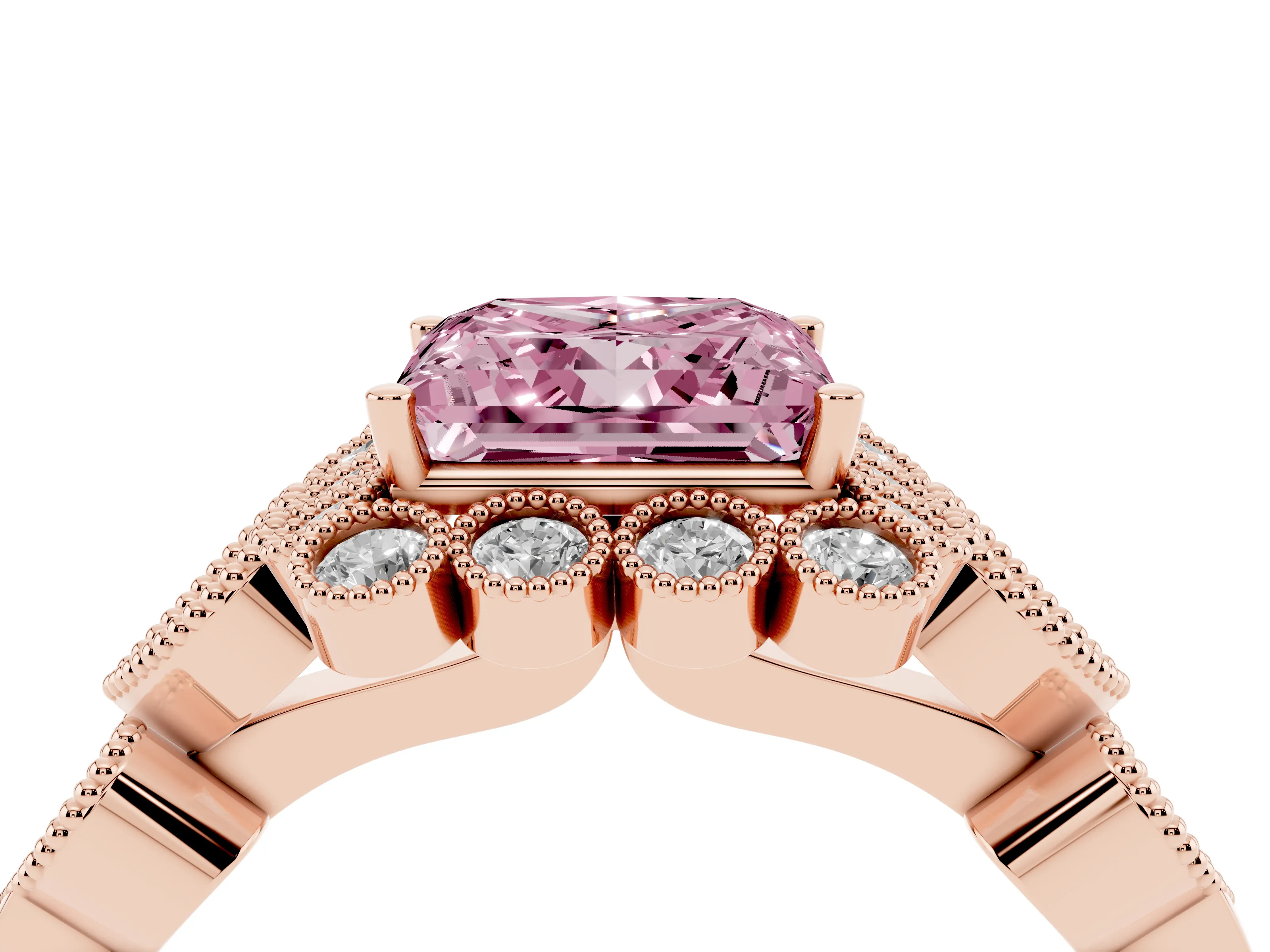 Fancy Pink Princess Cut Diamond Solitaire Ring Set in Rose gold with Milgrain Pavé Heart Band