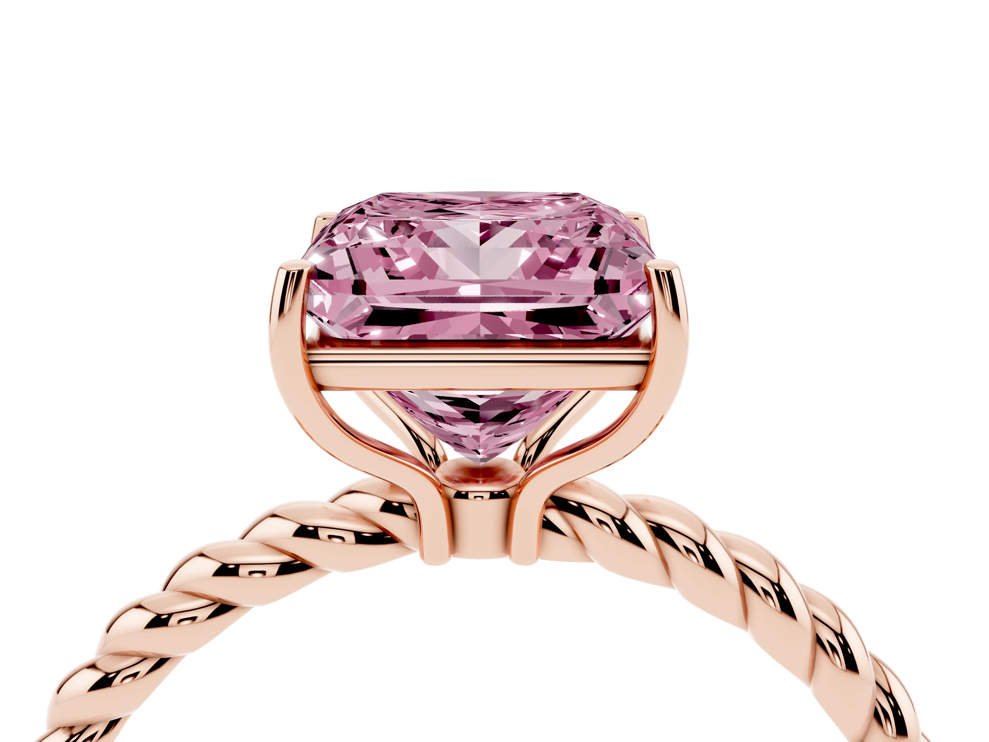 Fancy Pink Princess Cut Diamond Solitaire Ring Set in Rose gold with Twist Band and Prong Setting