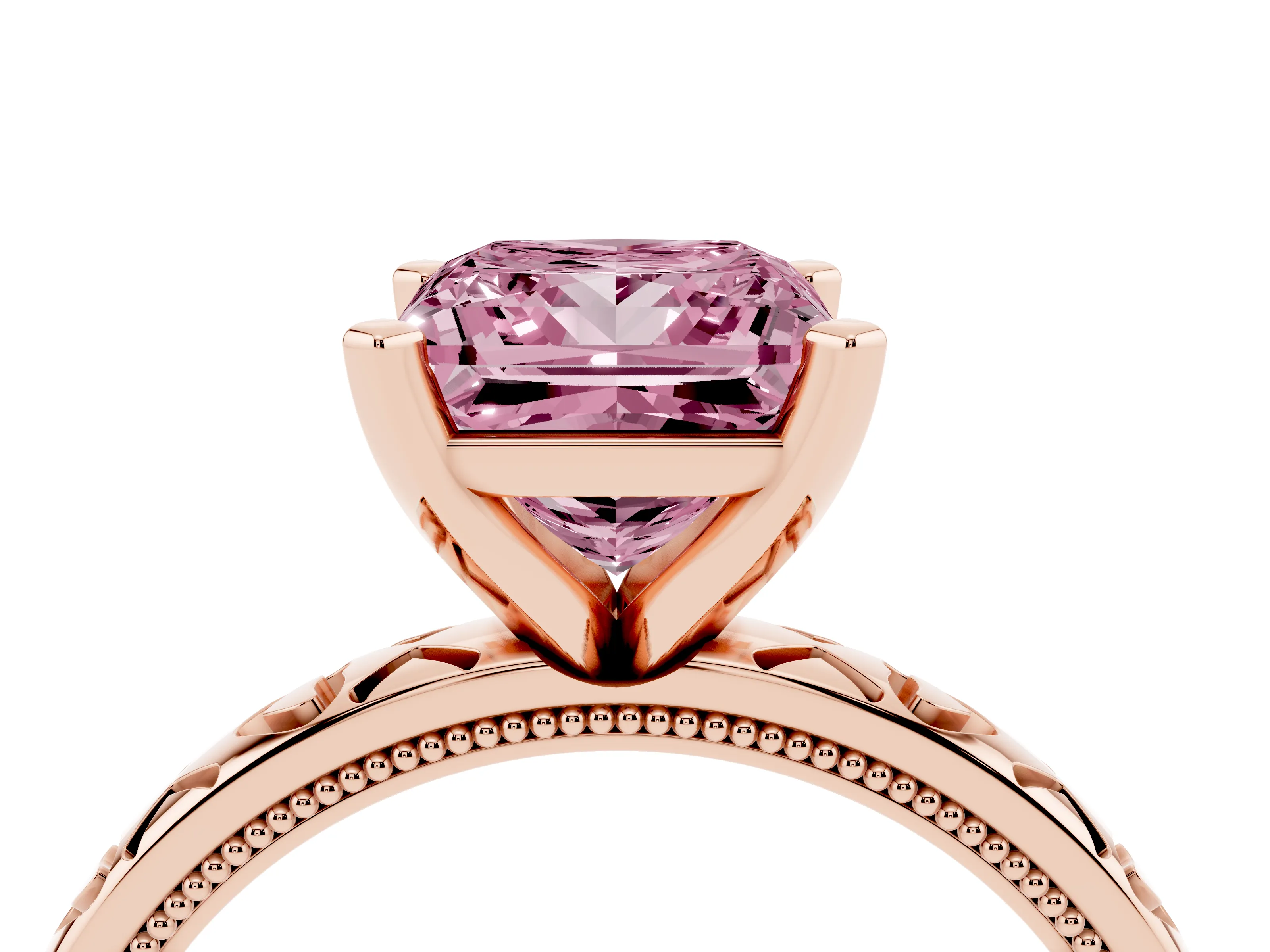 Fancy Pink Princess Cut Diamond Solitaire Engagement Ring Set in Rose gold with XO Engraved Band and Prong Setting