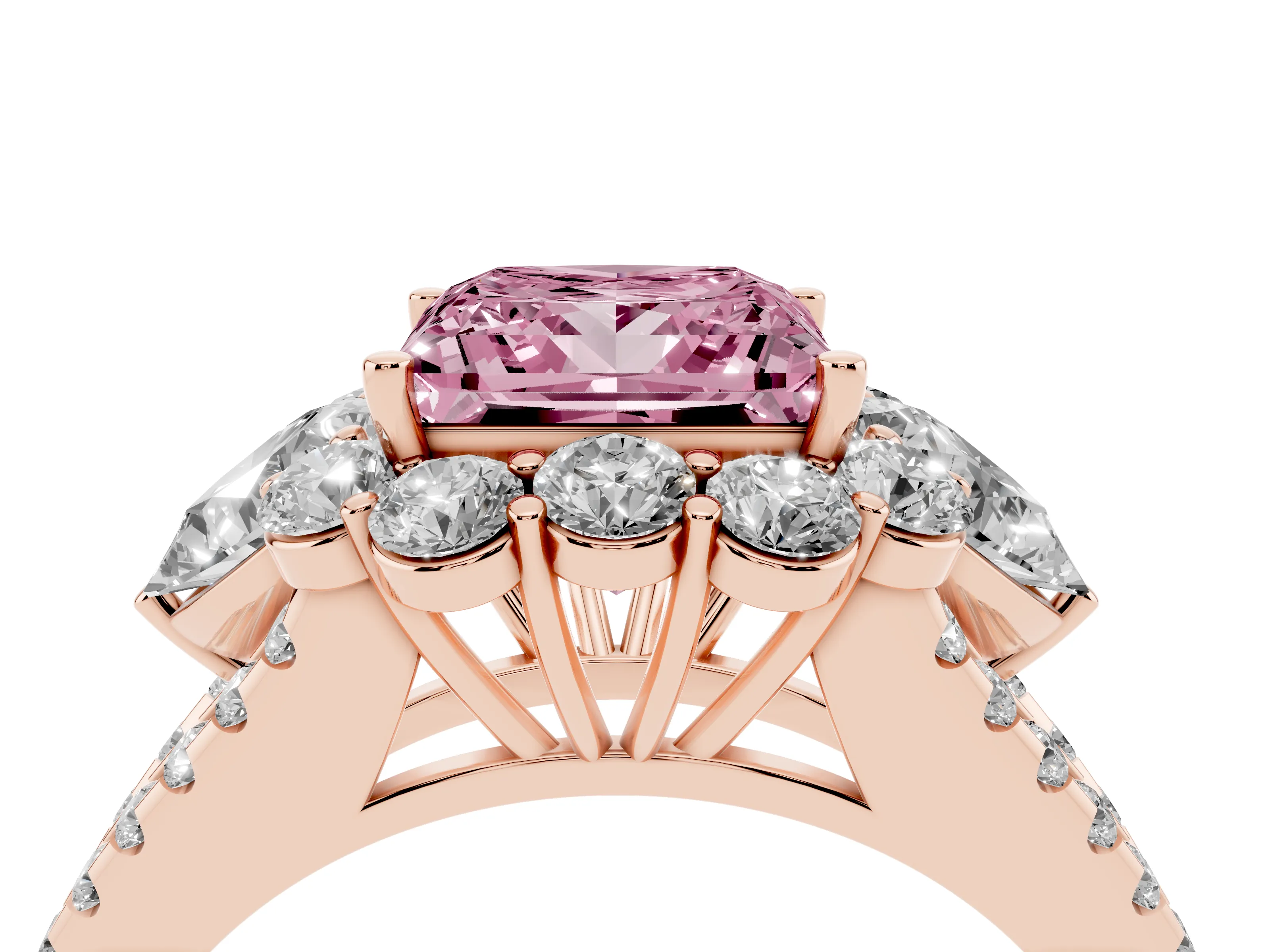 Fancy Pink Princess Cut Diamond Halo Split Shank Engagement Ring Set in Rose gold with Prong-Held Center Stone