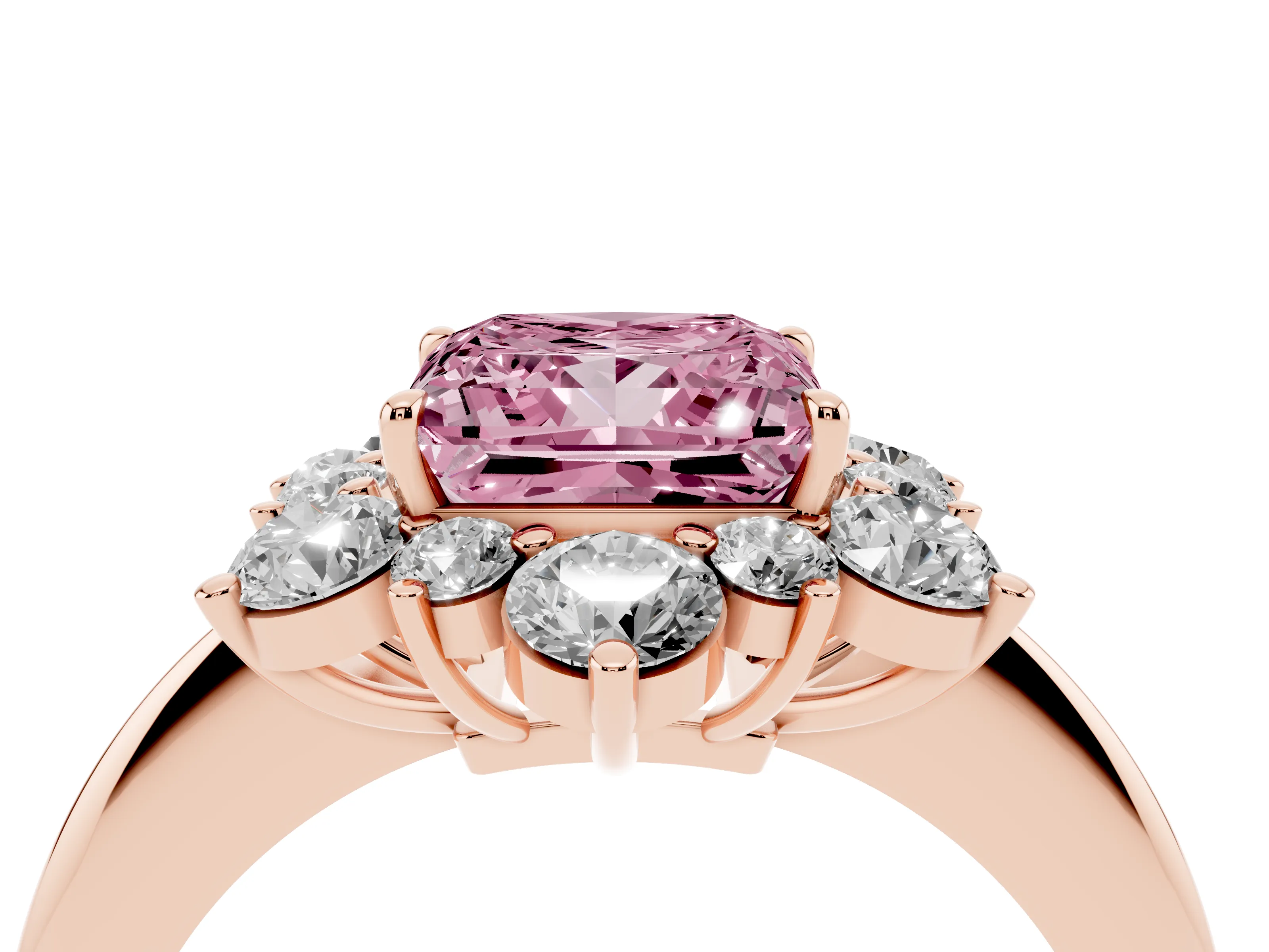 Fancy Pink Princess Cut Diamond Cluster Halo Ring Set in Rose gold with Solitaire Band and Prong Setting