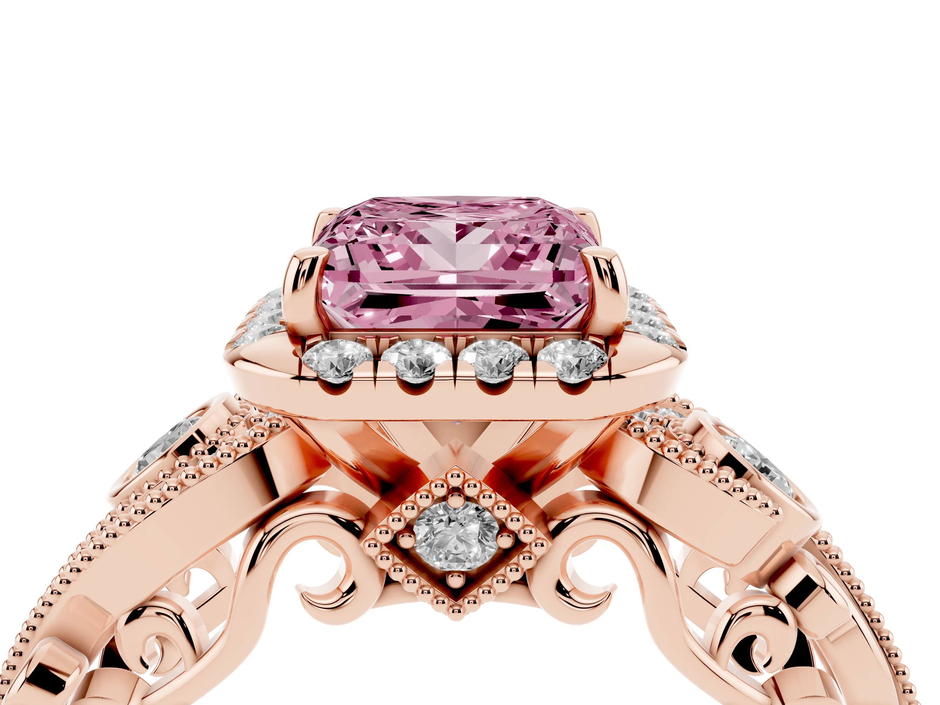 Fancy Pink Princess Cut Diamond Halo Ring Set in Rose gold with Milgrain Pavé Band and Prong Setting