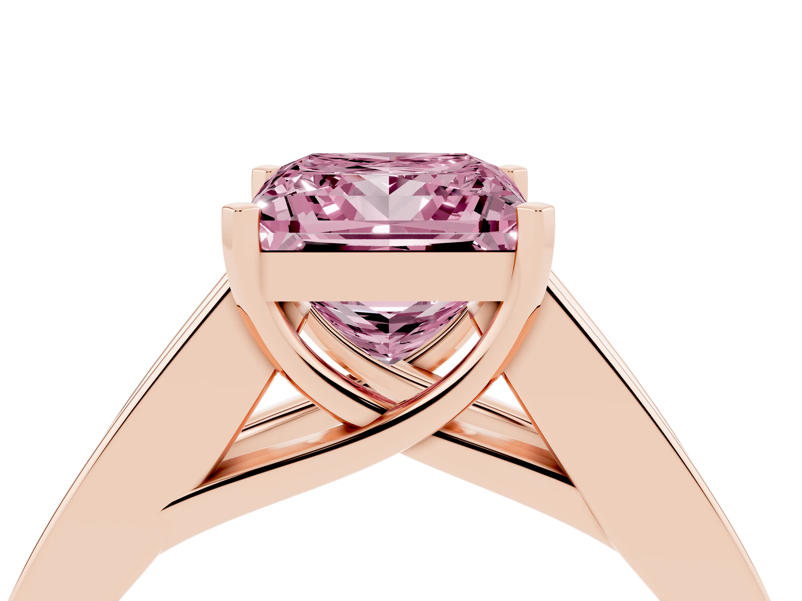 Fancy Pink Princess Cut Diamond Solitaire Ring Set in Rose gold with Channel-Set Accent Stones and Prong Setting