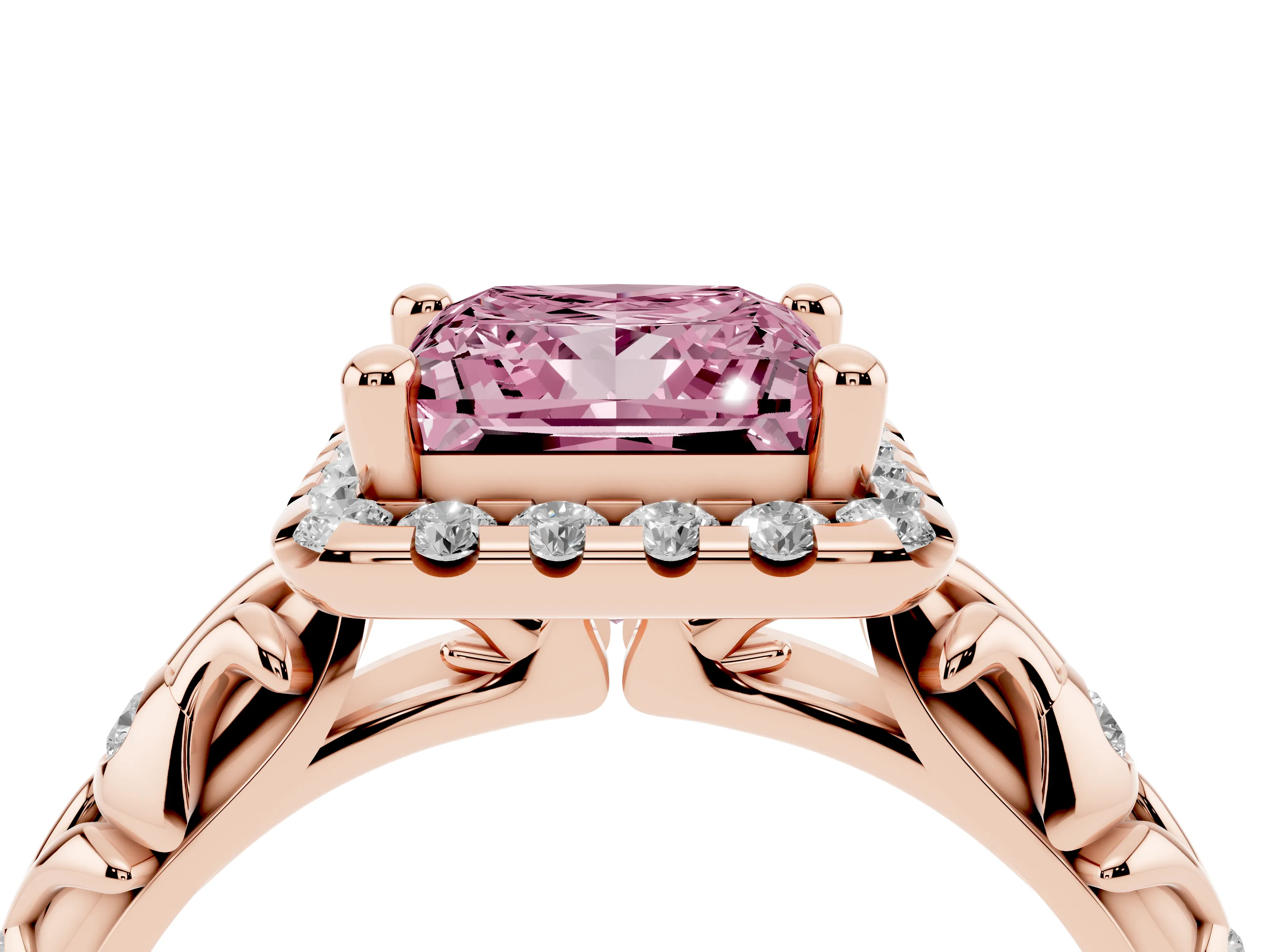 Fancy Pink Princess Cut Diamond Halo Ring Set in Rose gold with Filigree Leaf Band and Prong Setting