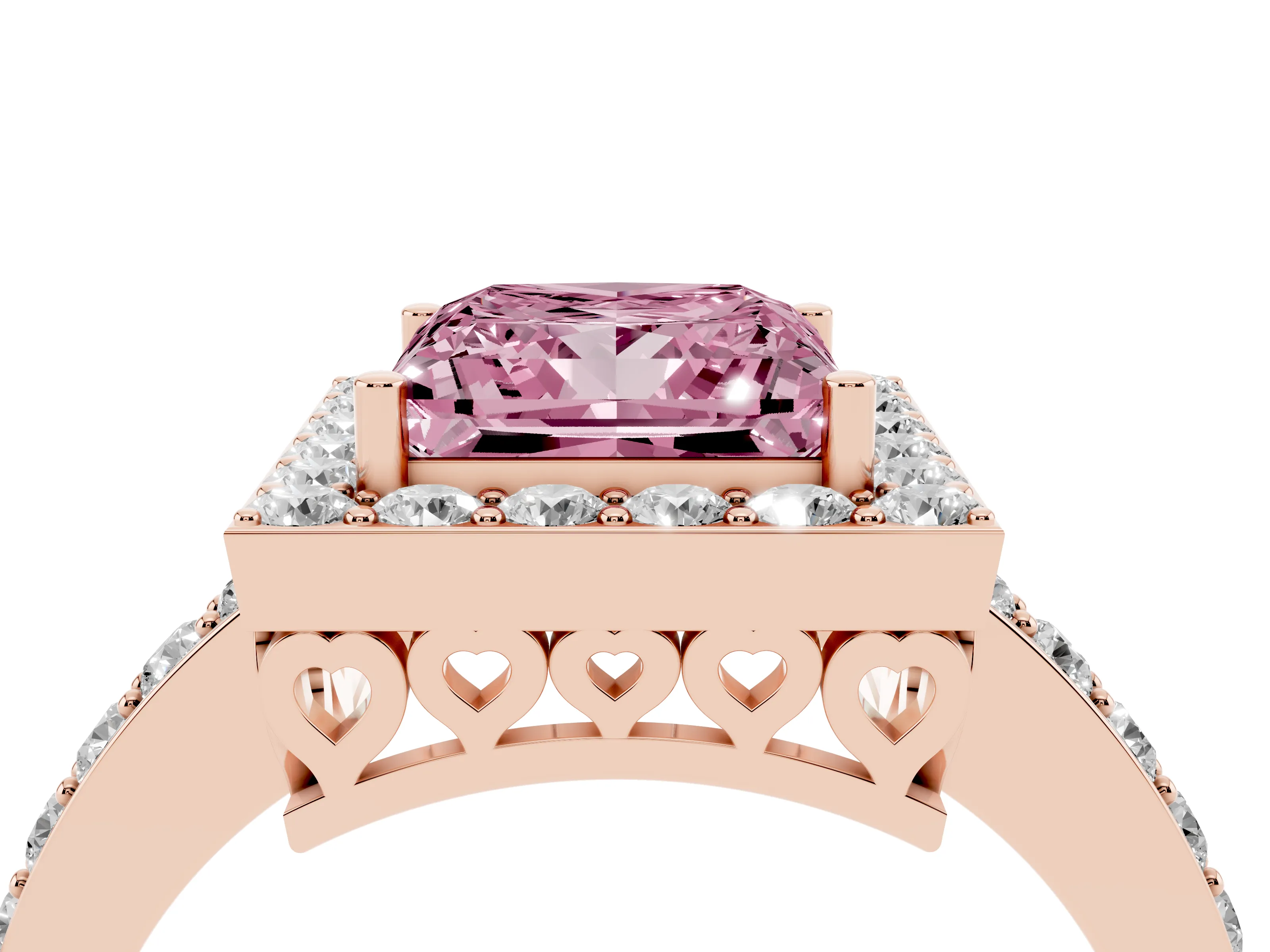 Fancy Pink Princess Cut Diamond Halo Ring Set in Rose gold with Pavé-Setting Band and Open Prong Center