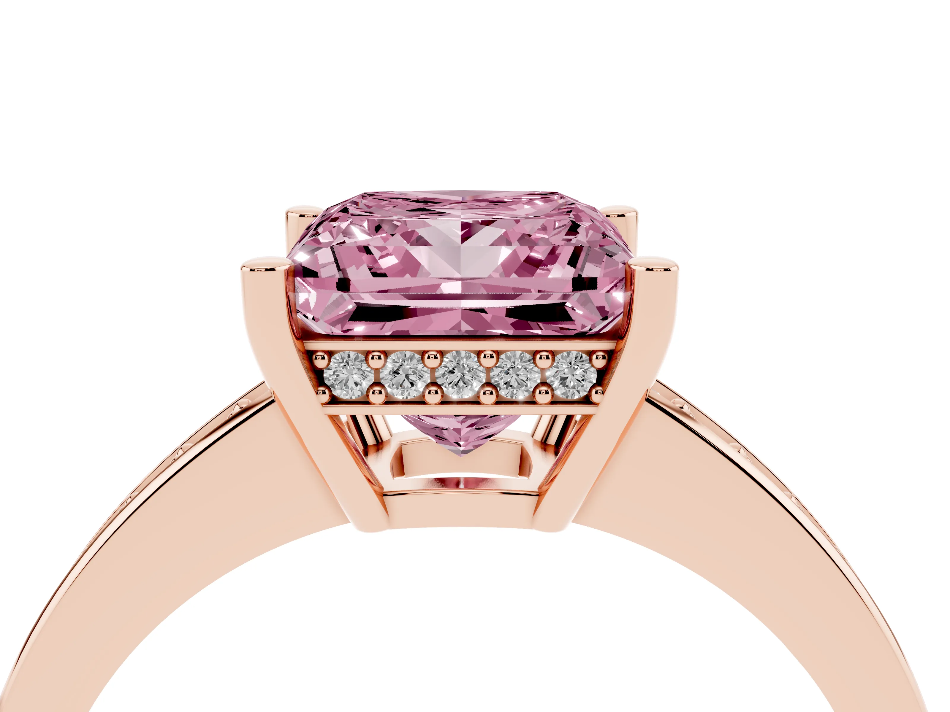 Fancy Pink Princess Cut Diamond Pavé Band Prong Set Solitaire Ring Set in Rose gold