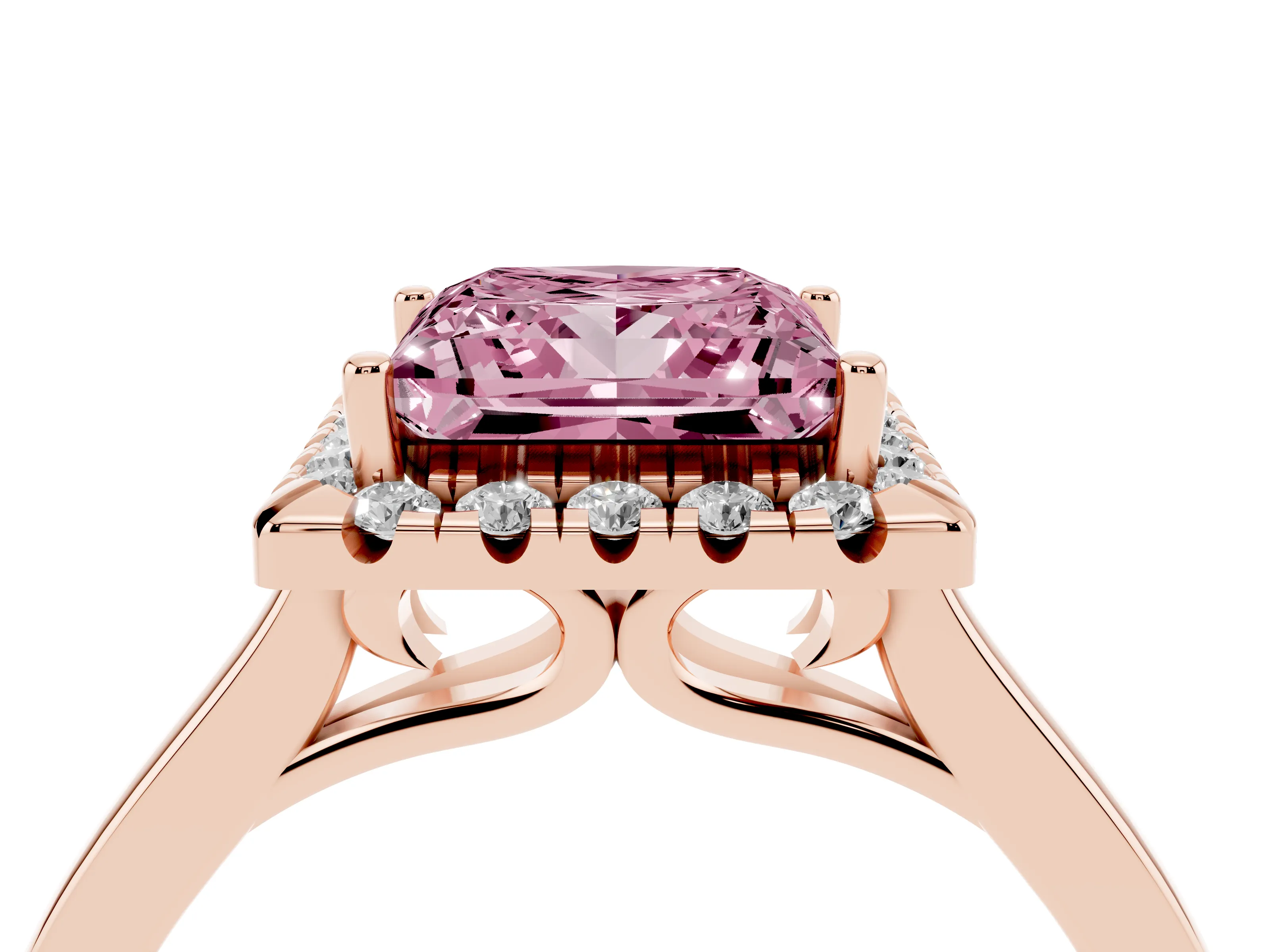 Fancy Pink Princess Cut Halo Round Diamond Solitaire Ring Set in Rose gold with Pavé Band and Prong Setting