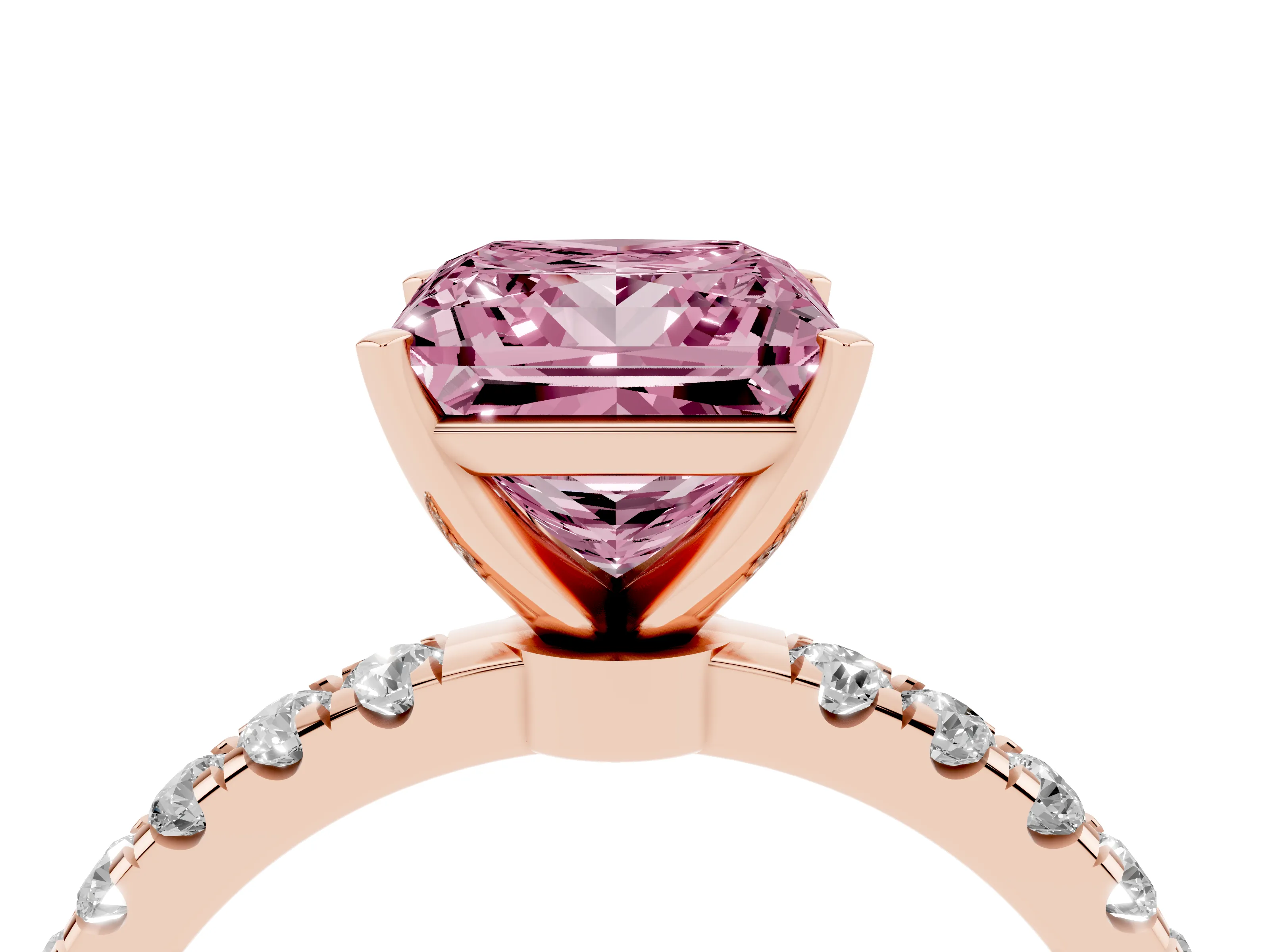 Fancy Pink Princess Cut Diamond Solitaire Ring Set in Rose gold with Pavé Accents and Prong Setting
