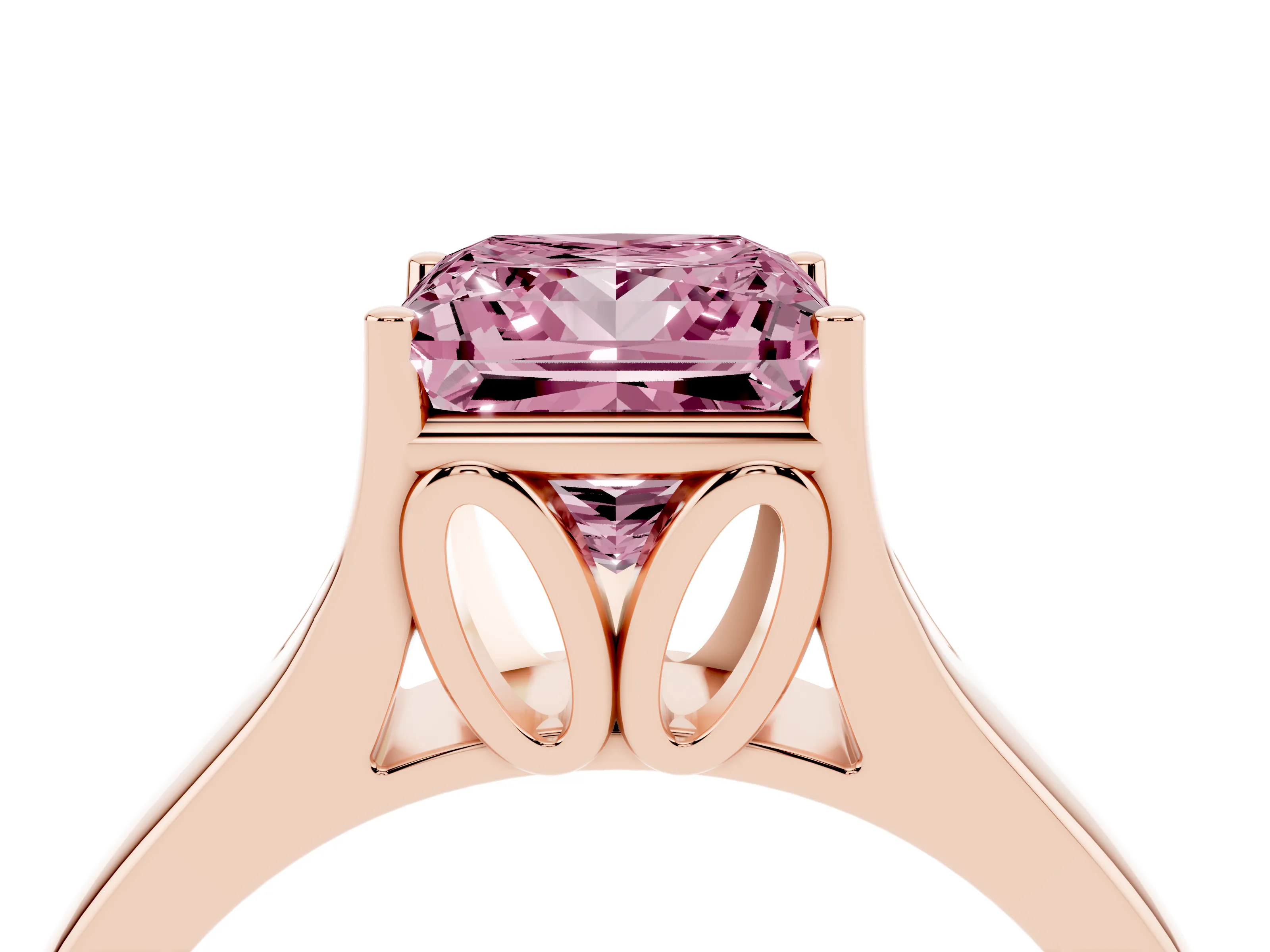 Fancy Pink Princess Cut Diamond Solitaire Ring Set in Rose gold with Arched Cathedral Band and Prong Setting