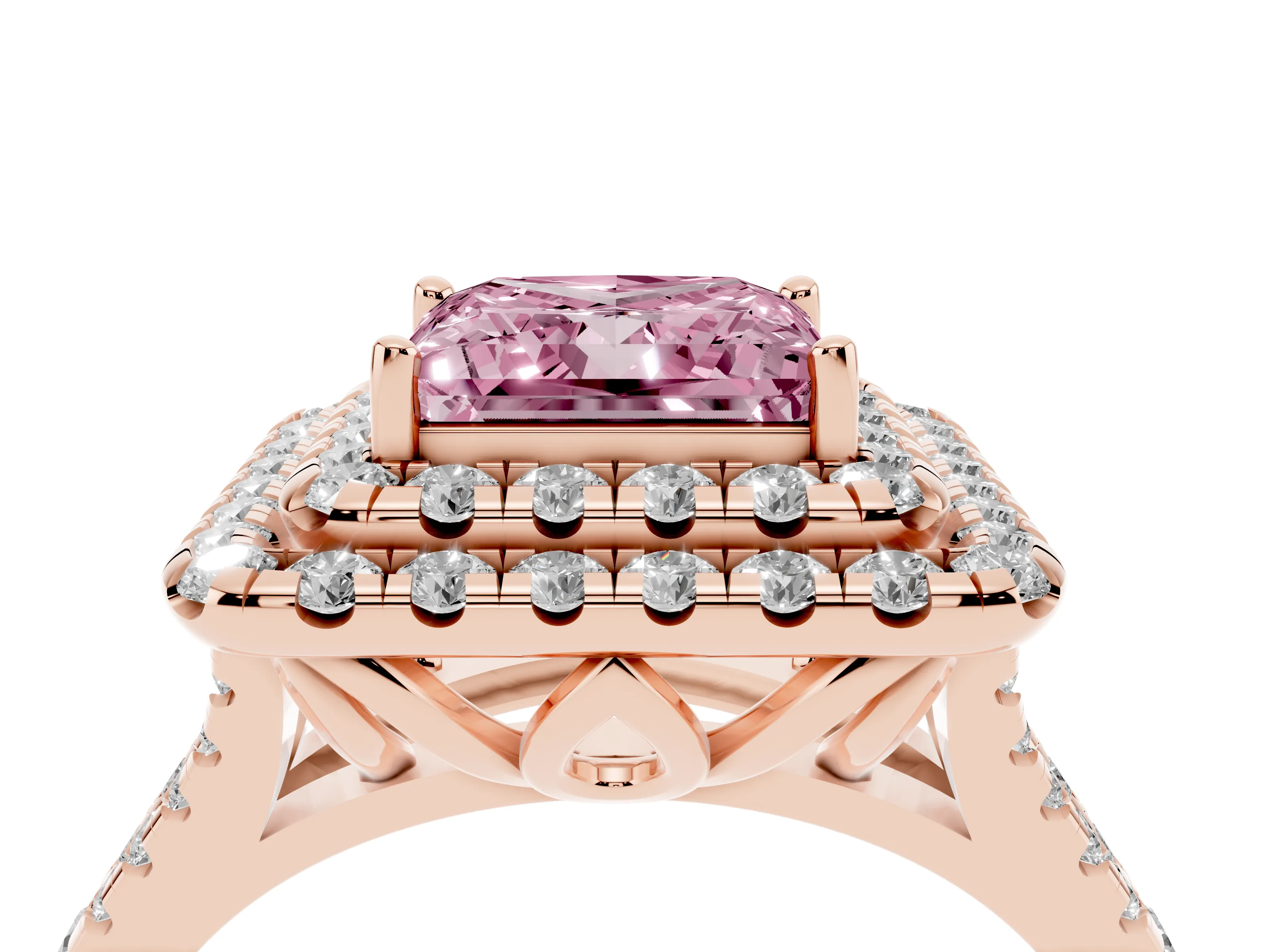 Fancy Pink Princess Cut Diamond Double Halo Ring Set in Rose gold with Pavé Split Shank and Prong Setting