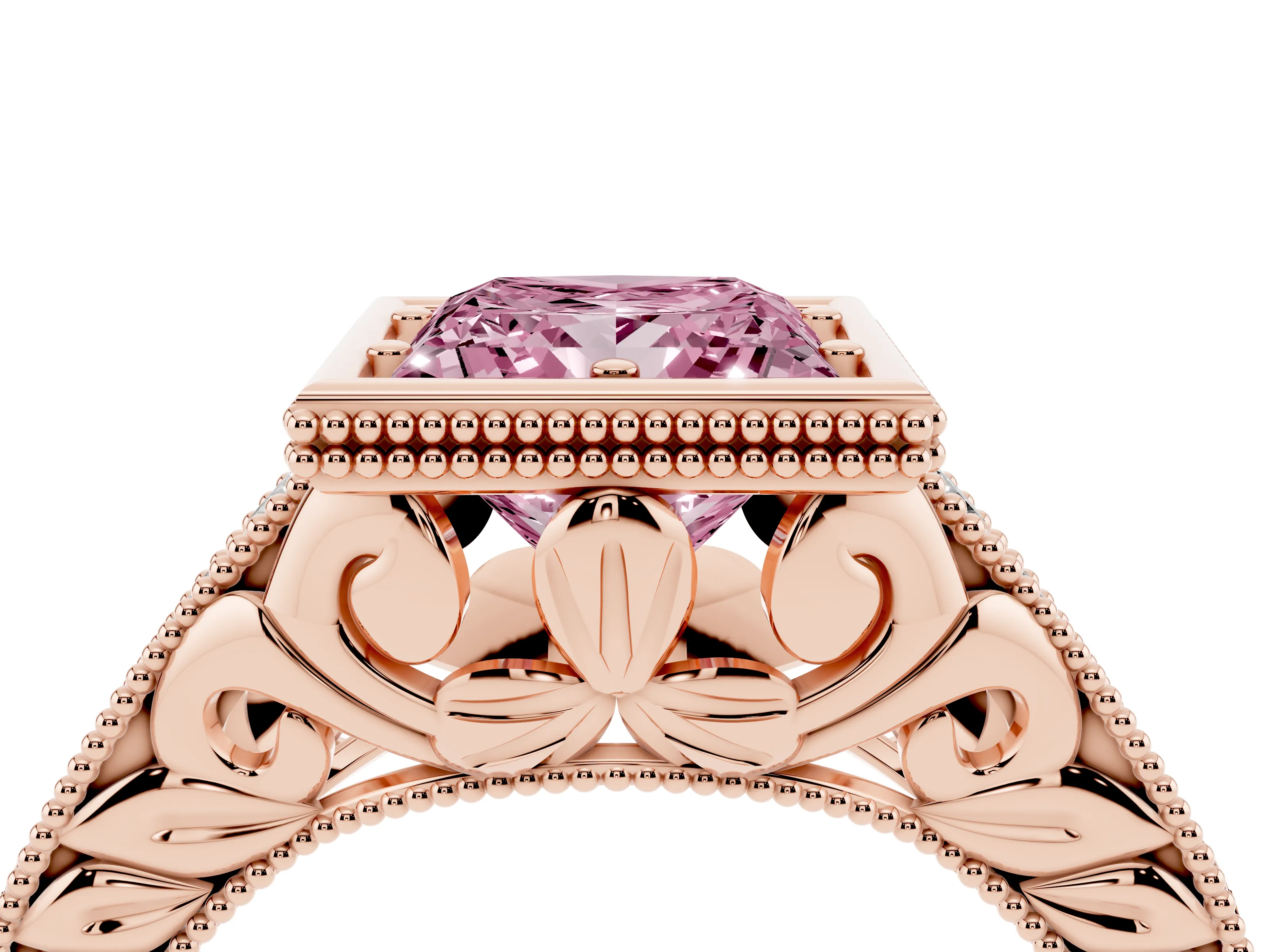 Fancy Pink Bezel Set Princess Cut Diamond Milgrain Pavé Engagement Ring Set in Rose gold