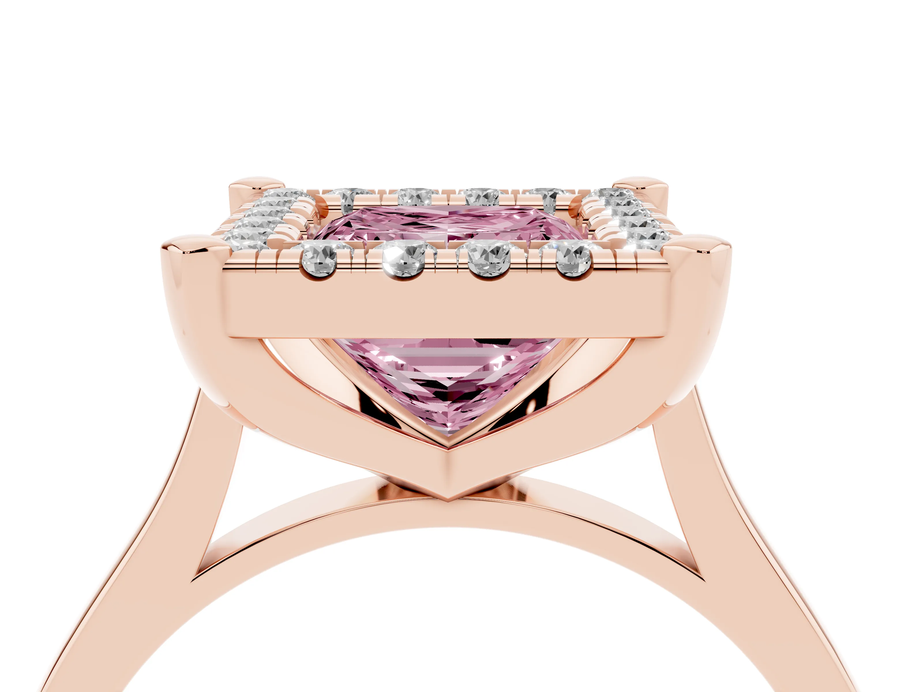 Fancy Pink Princess Cut Diamond Cluster Halo Solitaire Ring Set in Rose gold with Prong Setting