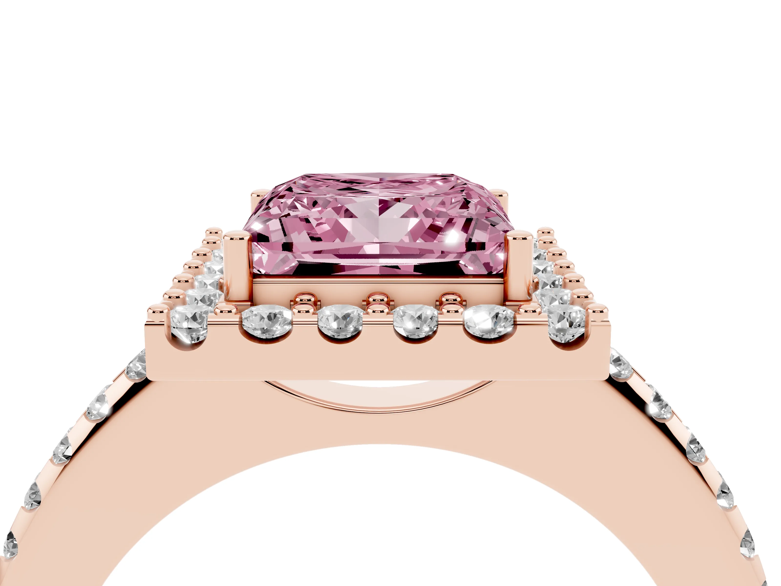 Fancy Pink Princess Cut Diamond Pavé Halo Ring Set in Rose gold with Prong Setting