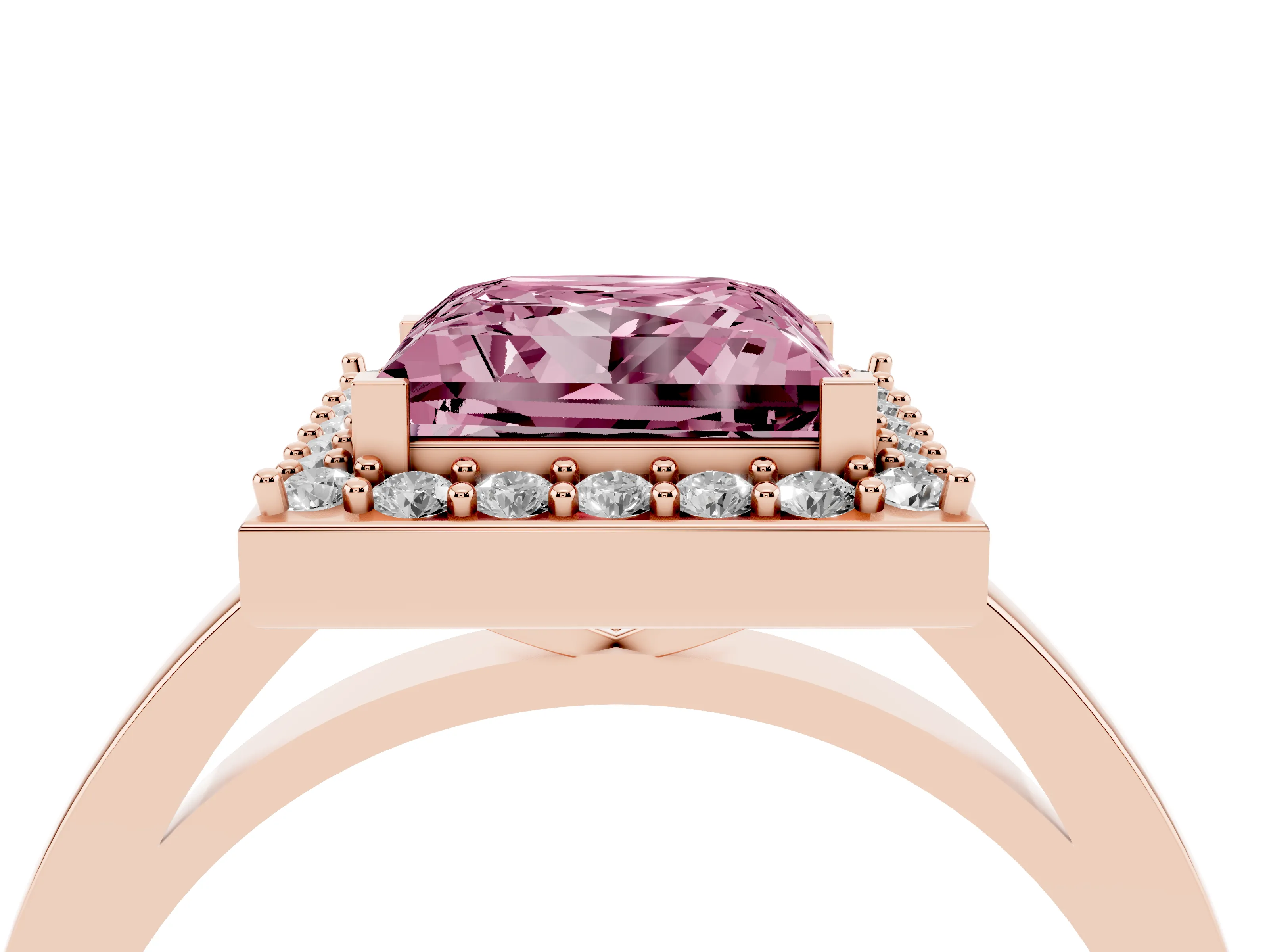 Fancy Pink Princess Cut Diamond Halo Ring Set in Rose gold with Solitaire Band and Prong Setting