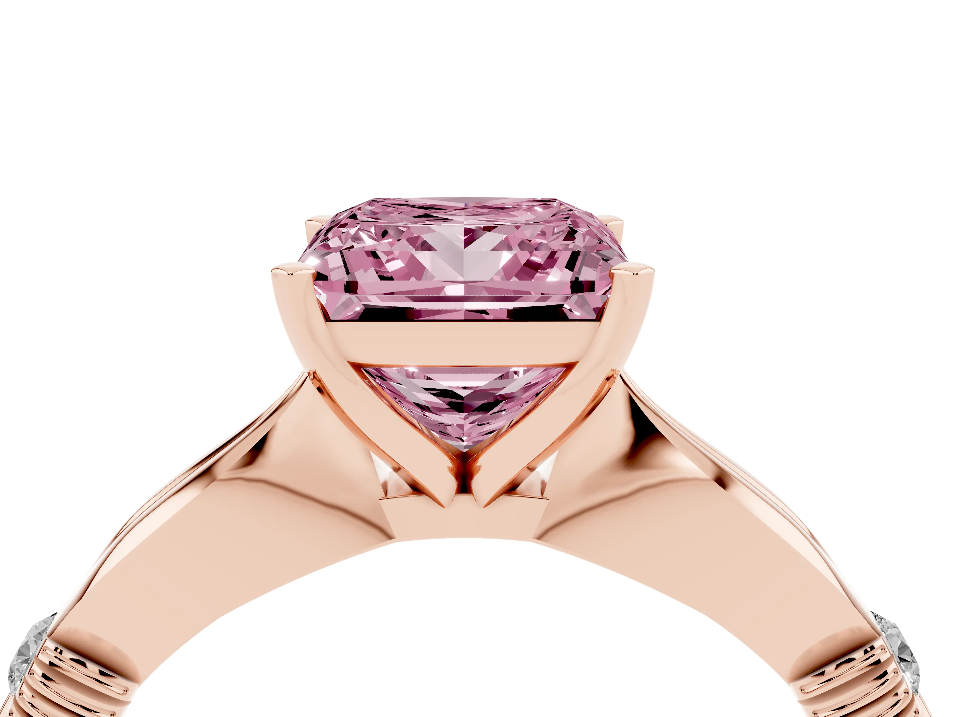 Fancy Pink Princess Cut Diamond Solitaire Twisted Band Ring Set in Rose gold with Accent Stones and Prong Setting