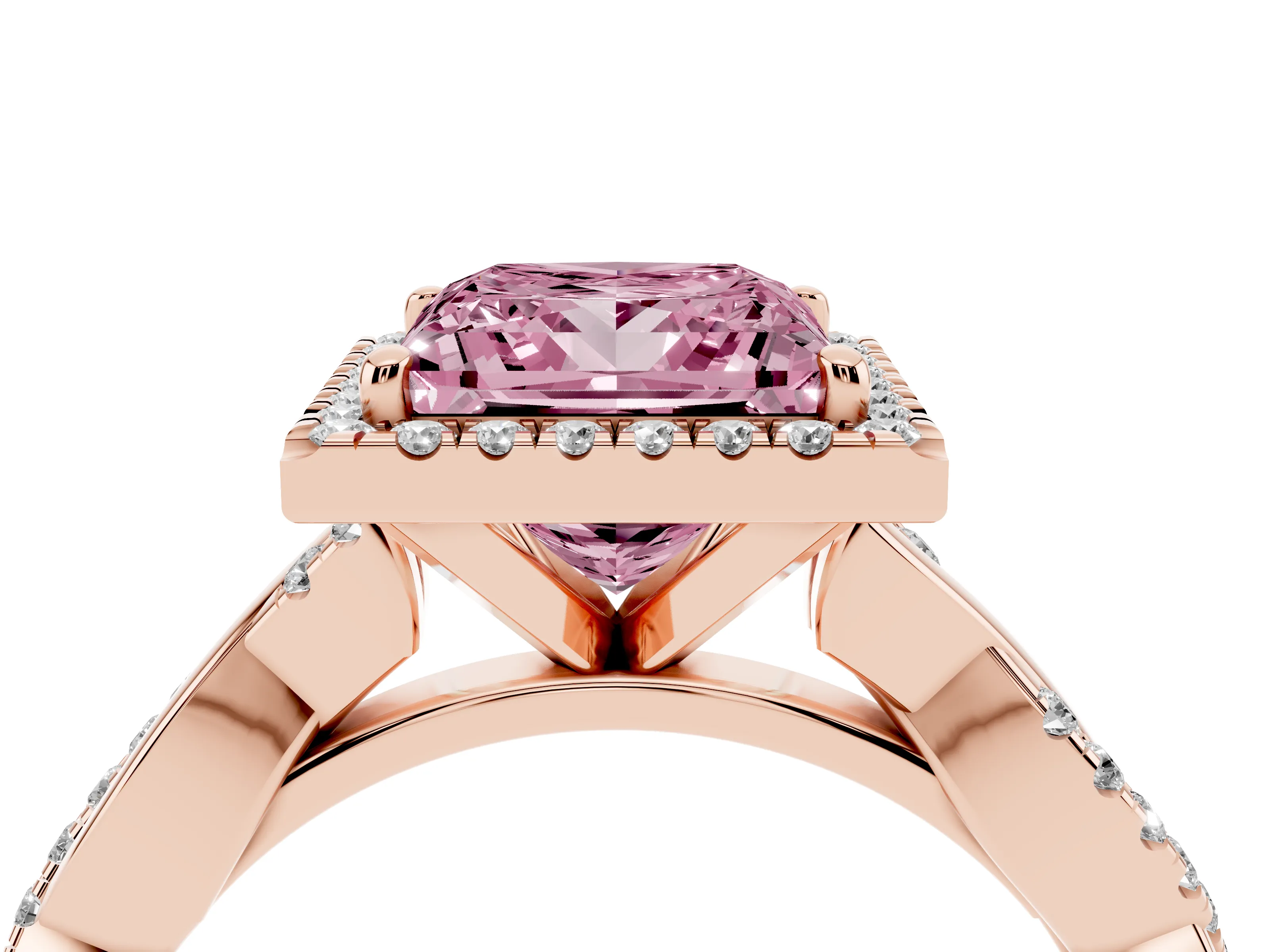 Fancy Pink Princess Cut Diamond Halo Twisted Band Ring Set in Rose gold with Prong Setting