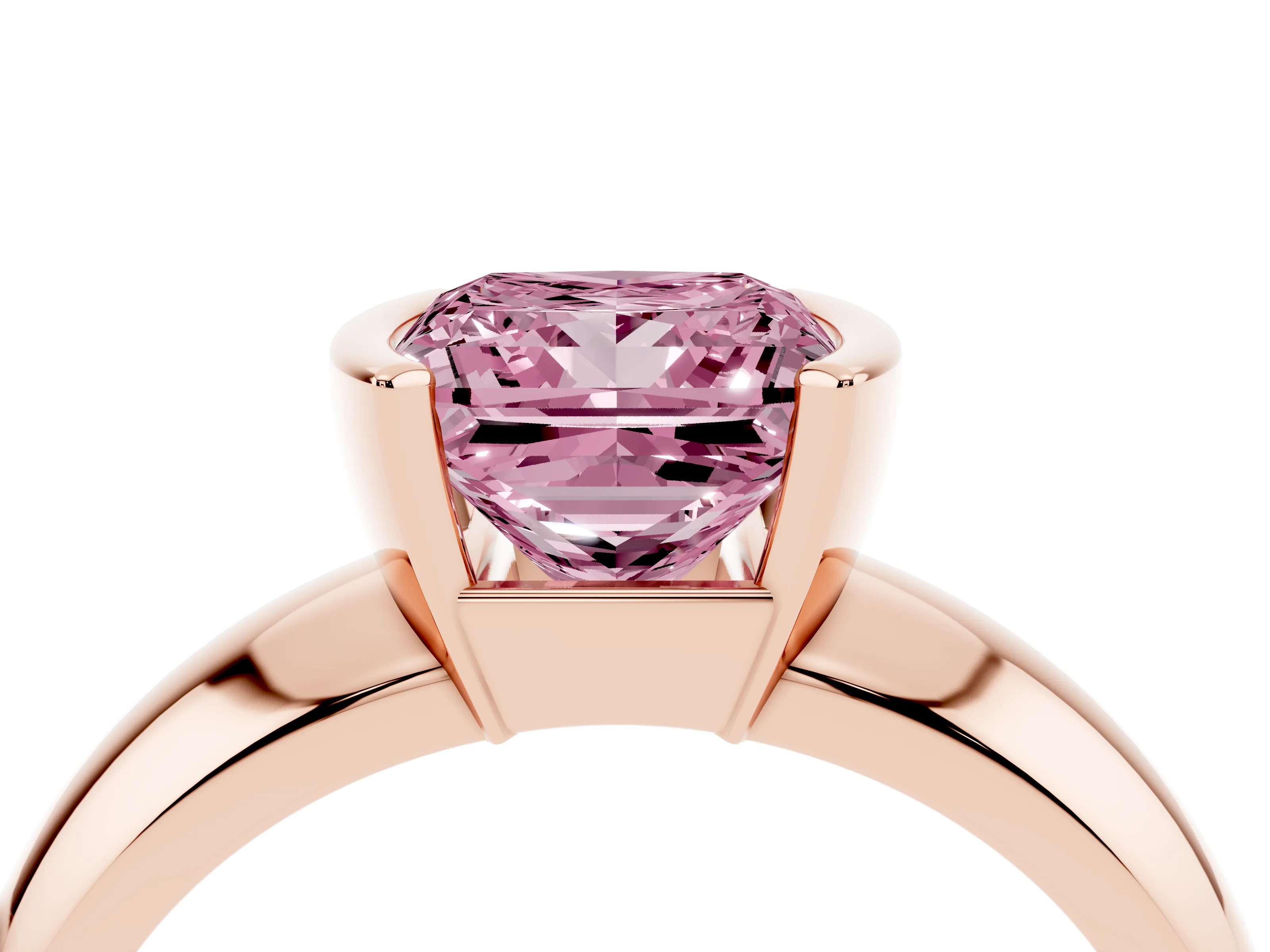 Fancy Pink Princess Cut Diamond Solitaire Tension Set Ring Set in Rose gold with Wide Band