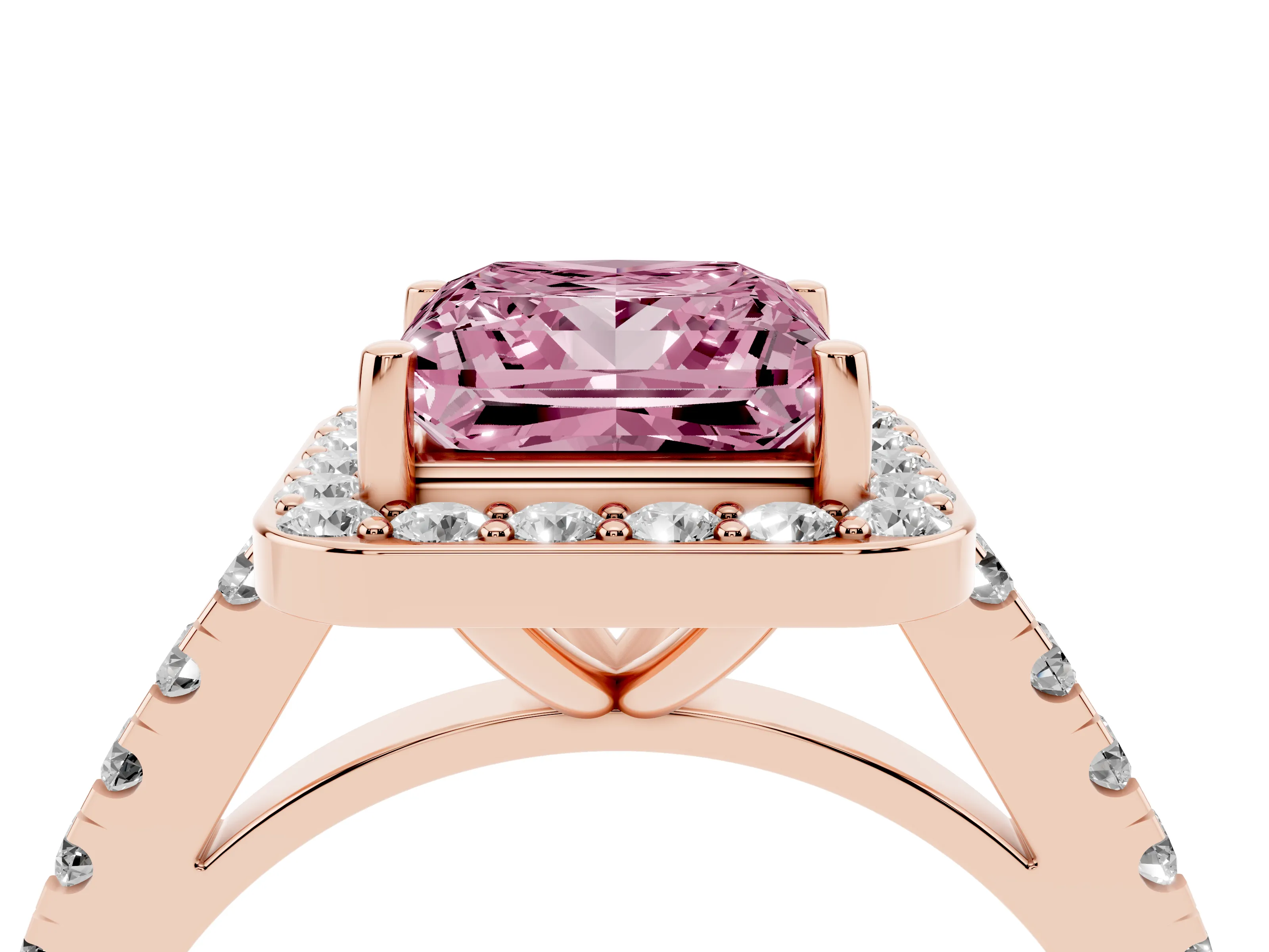 Fancy Pink Princess Cut Diamond Halo Ring Set in Rose gold with Round Pavé Split Shank and Prong Setting