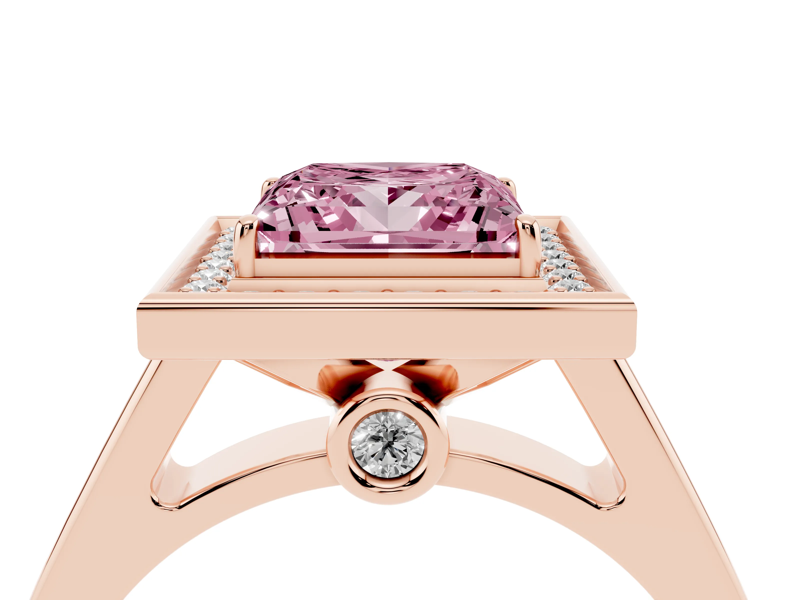 Fancy Pink Princess Cut Diamond Halo Solitaire Ring Set in Rose gold with Pavé Band and Bezel Setting