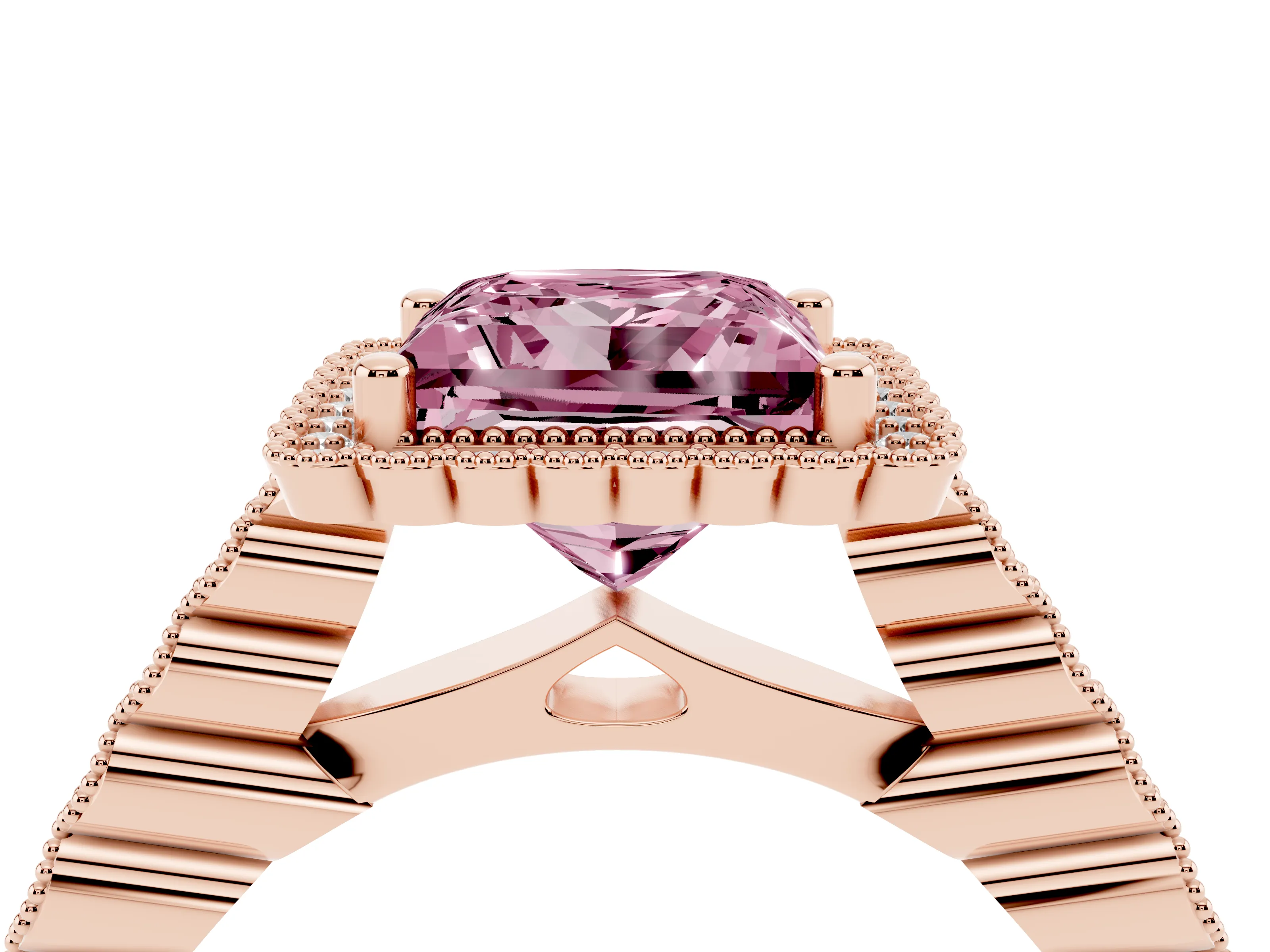 Fancy Pink Princess Cut Diamond Halo Ring Set in Rose gold with Pavé Milgrain Band