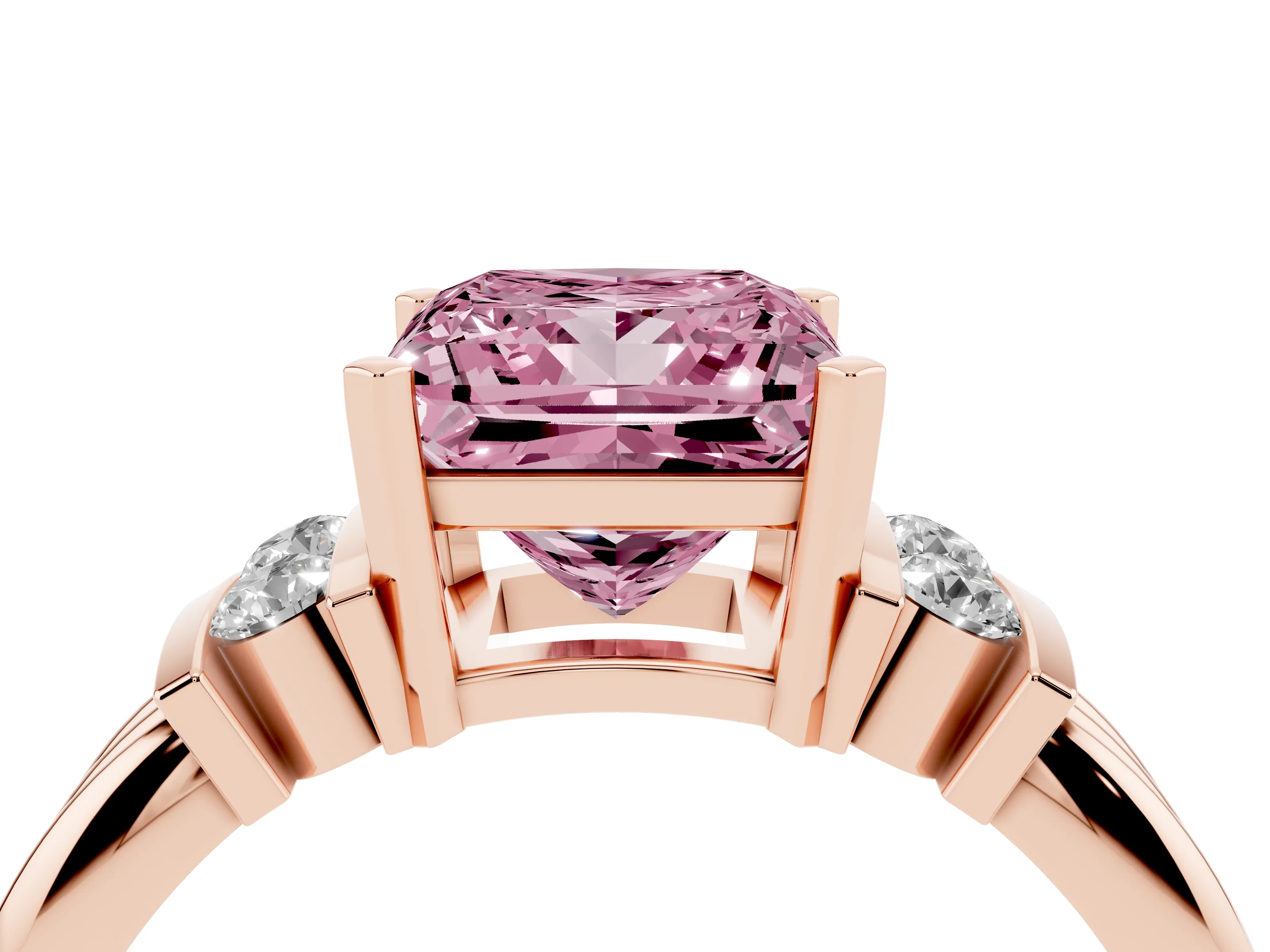 Fancy Pink Three-Stone Princess Cut Diamond Channel Set Ring Set in Rose gold with Bar Prongs