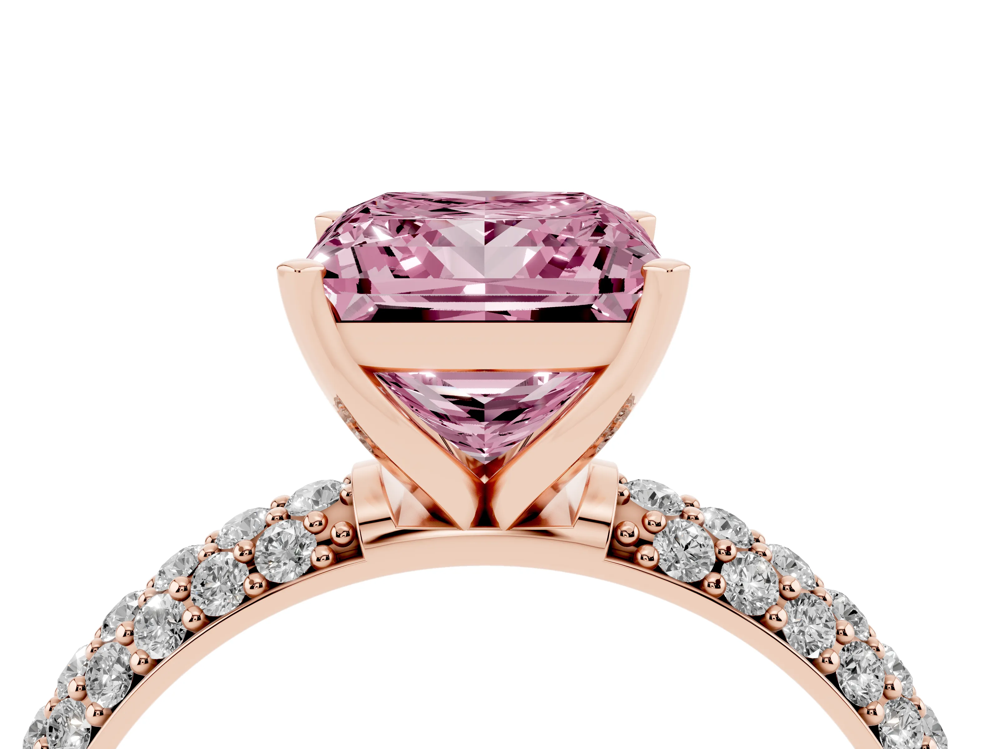 Fancy Pink Princess Cut Diamond Solitaire Ring Set in Rose gold with Prong Setting and Pavé-Set Band