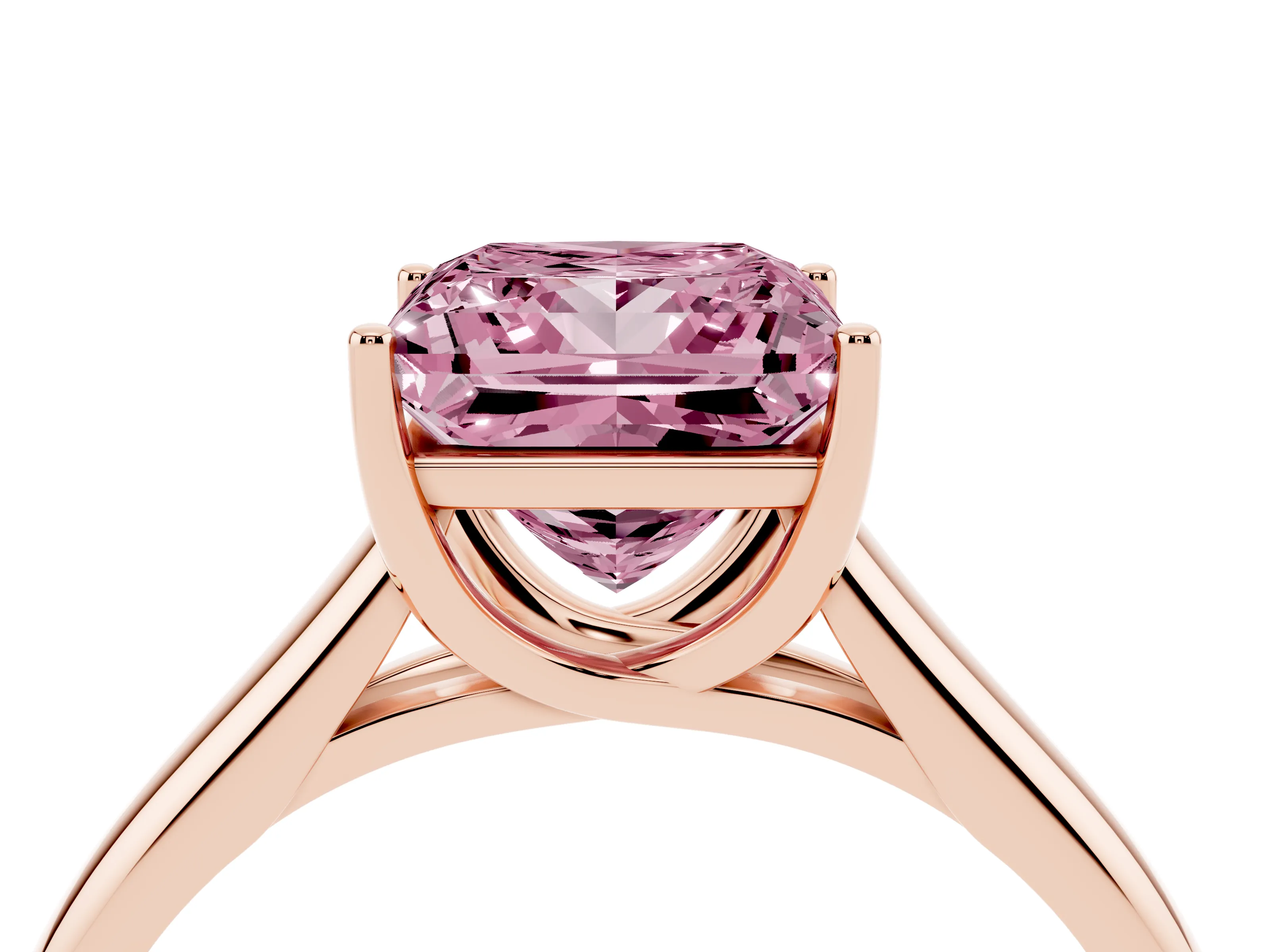 Fancy Pink Princess Cut Diamond Solitaire Engagement Ring Set in Rose gold with Subtly Tapered Band and Prong Setting