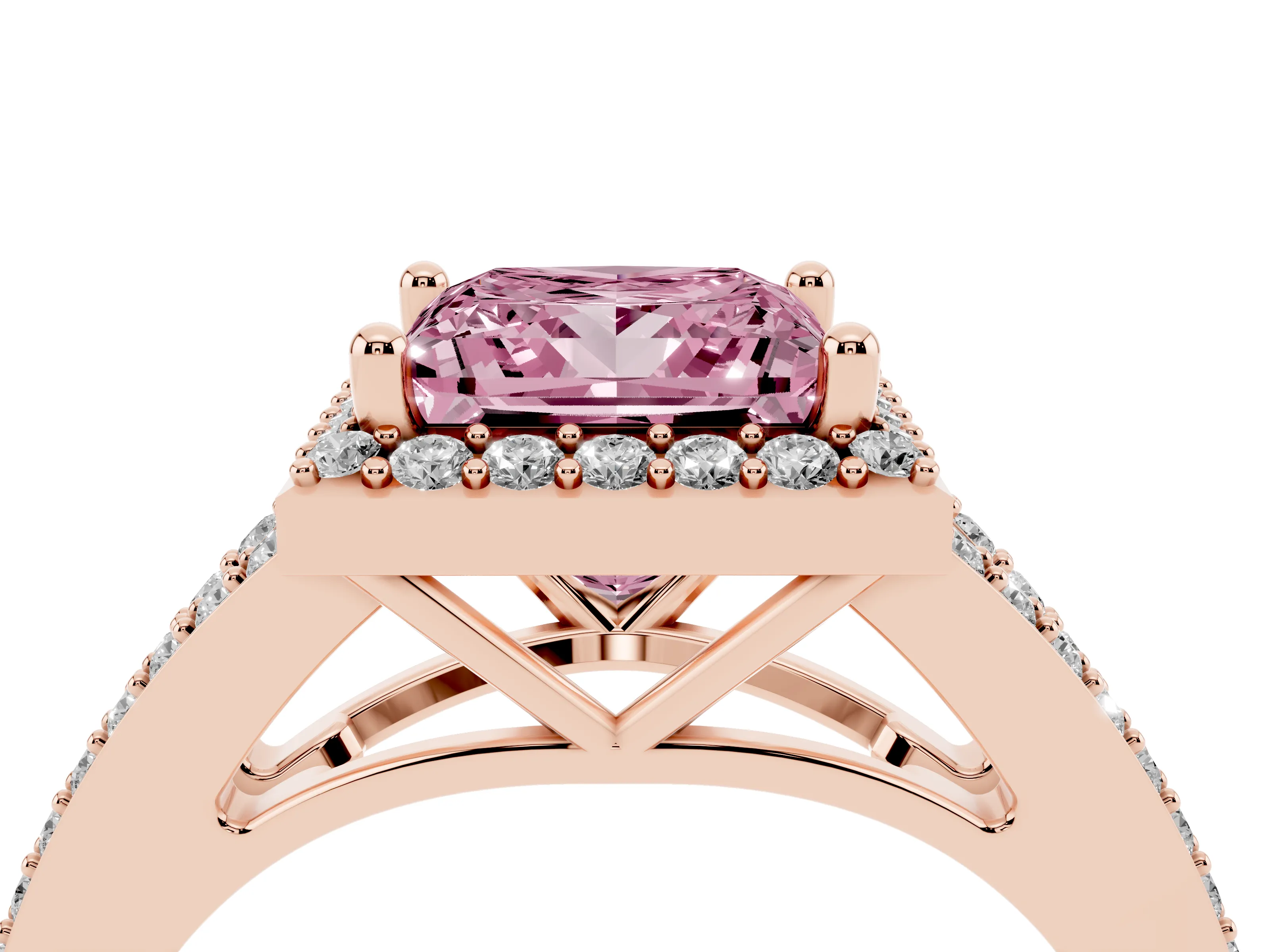 Fancy Pink Princess Cut Diamond Halo Split Shank Pavé Ring Set in Rose gold with Prong Setting