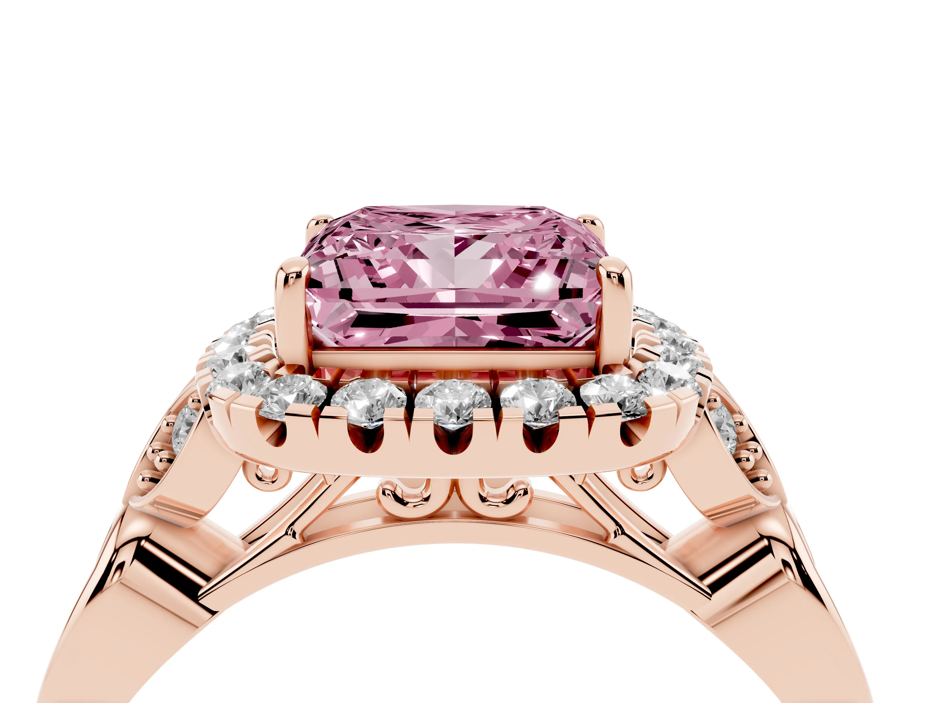 Fancy Pink Princess Cut Diamond Halo Engagement Ring Set in Rose gold with Vintage-Inspired Band and Prong Setting