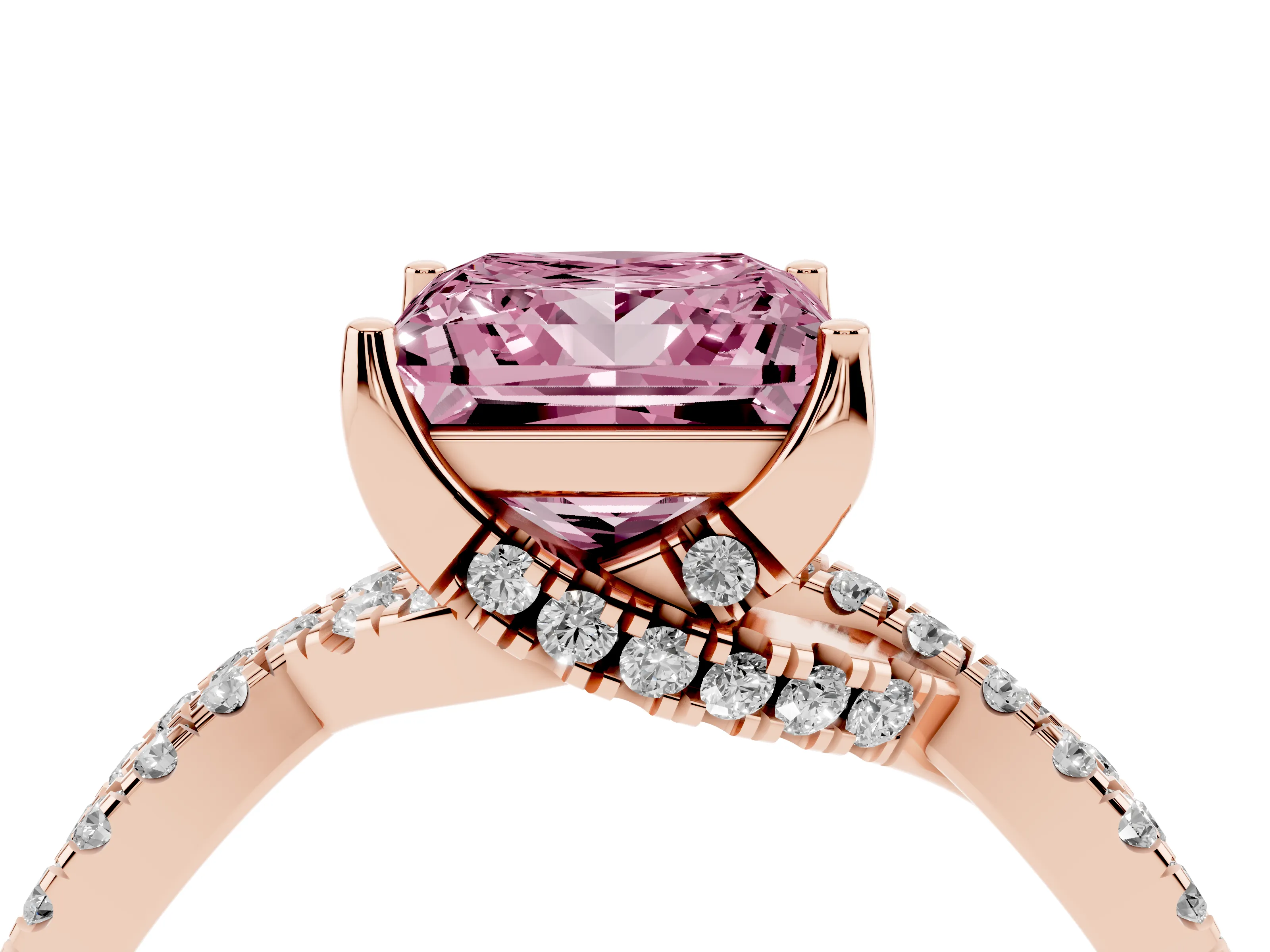 Fancy Pink Princess Cut Diamond Twist Pavé Solitaire Engagement Ring Set in Rose gold with Prong Setting