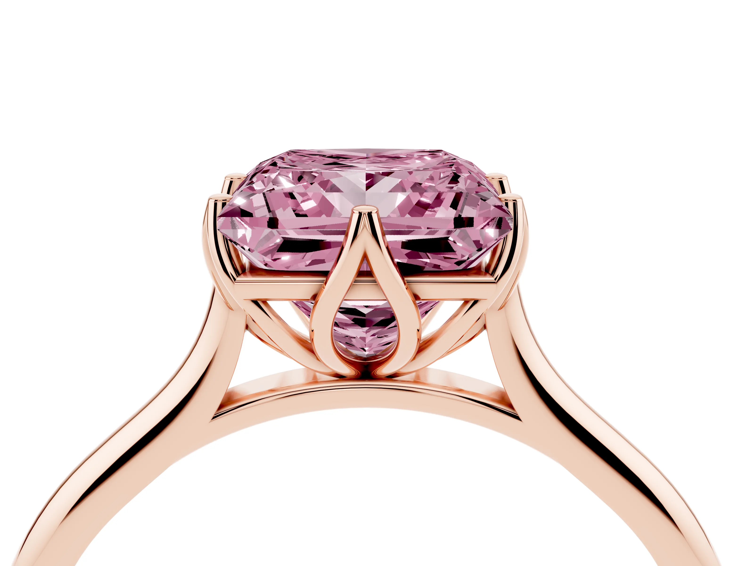 Fancy Pink Princess Cut Diamond Solitaire Cathedral Ring Set in Rose gold with Prong Setting